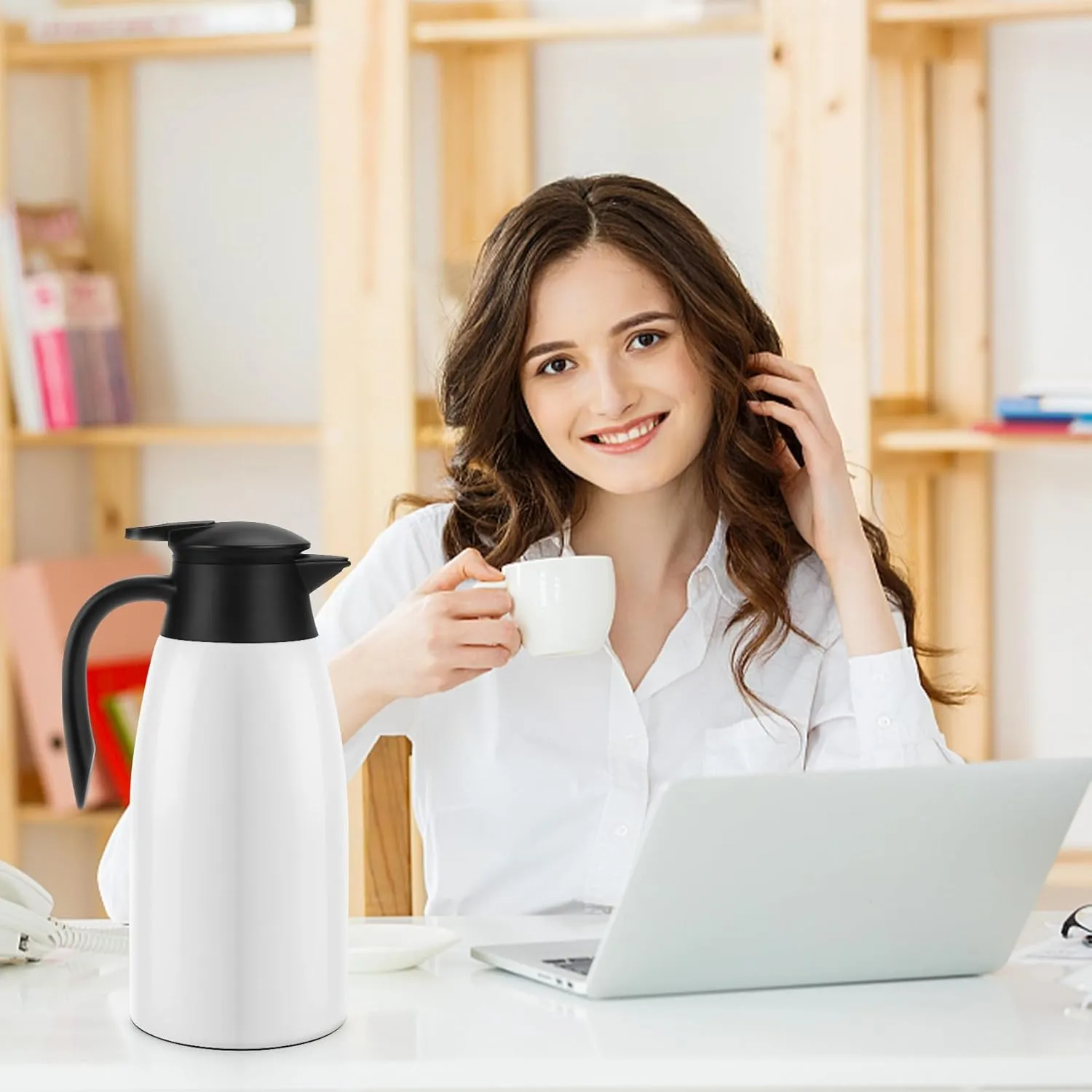 70oz Coffee Carafe Airpot Insulated Coffee Thermos Urn Stainless Steel Vacuum Thermal Pot Flask Dispenser for Coffee, Hot Water, Tea, Hot Beverage - Keep 12 Hours Hot, 24 Hours Cold -White