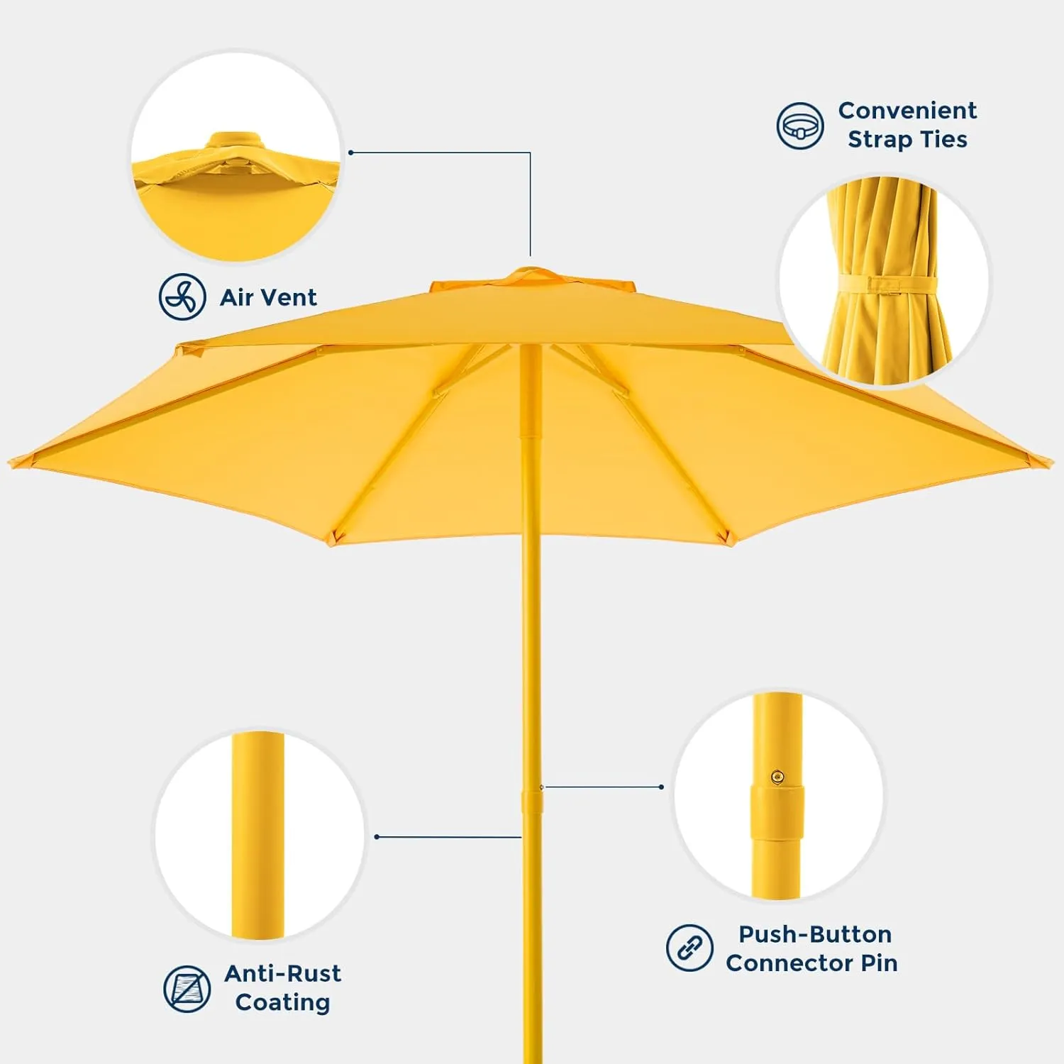 7.5ft Outdoor 1S Push-Up Patio Umbrella - Market Table Pool Deck Umbrella UPF50  UV Protection with 6 Sturdy Ribs for Balcony, Garden, Lawn, Backyard (Light Yellow)