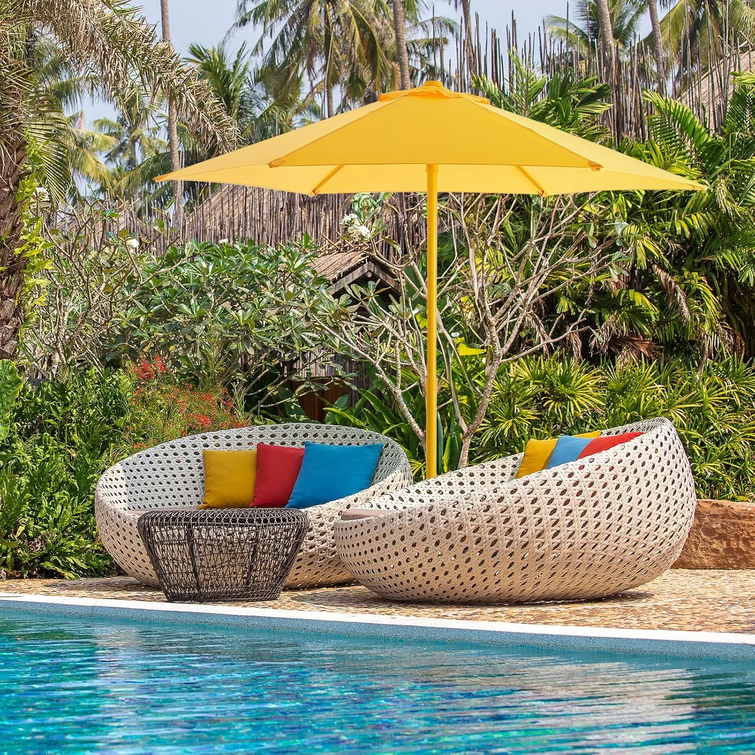 7.5ft Outdoor 1S Push-Up Patio Umbrella - Market Table Pool Deck Umbrella UPF50  UV Protection with 6 Sturdy Ribs for Balcony, Garden, Lawn, Backyard (Light Yellow)