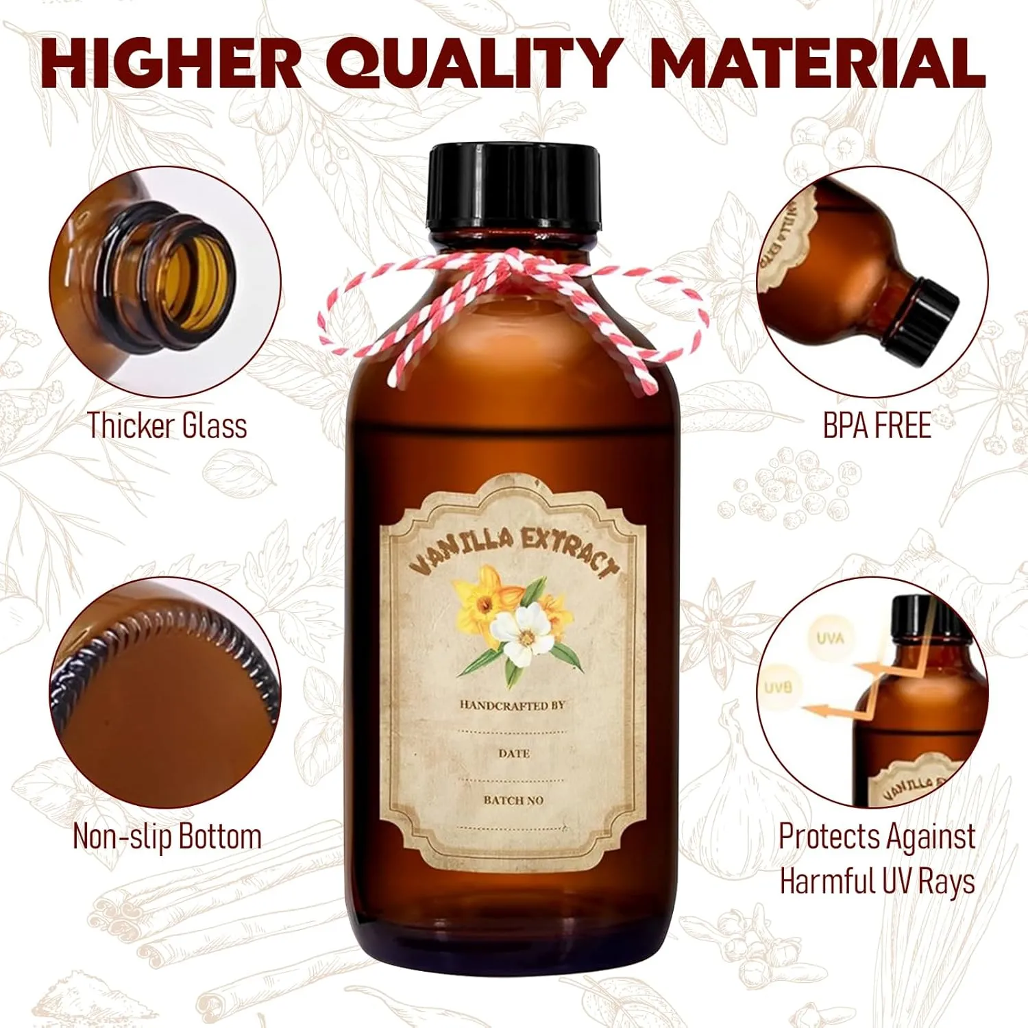 8 Pack 8 Ounce Amber Glass Bottle with Lids Vanilla Extract Homemade Brown Bottle 8 oz and 8 Pcs Vanilla Extract Stickers for Syrup Gift Glass Food Storage Canister Set Sauce Beans