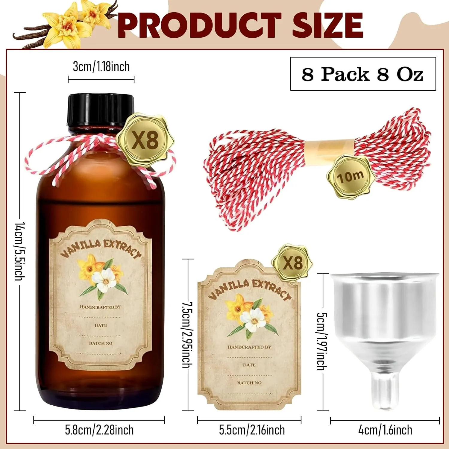 8 Pack 8 Ounce Amber Glass Bottle with Lids Vanilla Extract Homemade Brown Bottle 8 oz and 8 Pcs Vanilla Extract Stickers for Syrup Gift Glass Food Storage Canister Set Sauce Beans