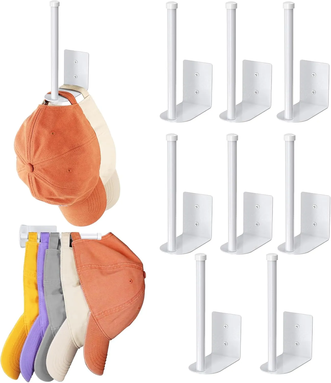 8 Pack Hat Racks for Baseball Caps, Stainless Steel Hat Organizer for Baseball Cap, Hat Holder Storage Organizer, Hat Hanger Strong Adhesive/Wall Drilled for Door, Bedroom, Closet(White 6 in)