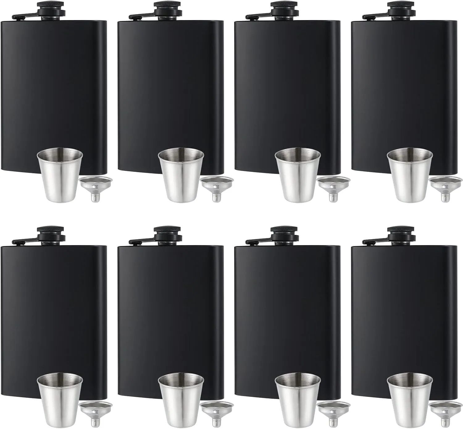 8 pcs Flask for Liquor for Men Matte Black 8Oz Stainless Steel Leak Proof with 8 Wine Glass 8 pcs Funnel Used for Gift, Camping, Outdoor Activity, Groomsman Bridesmaid Wedding Party