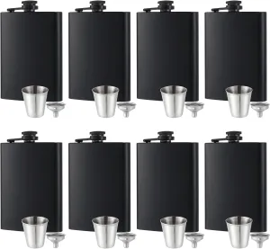 8 pcs Flask for Liquor for Men Matte Black 8Oz Stainless Steel Leak Proof with 8 Wine Glass 8 pcs Funnel Used for Gift, Camping, Outdoor Activity, Groomsman Bridesmaid Wedding Party