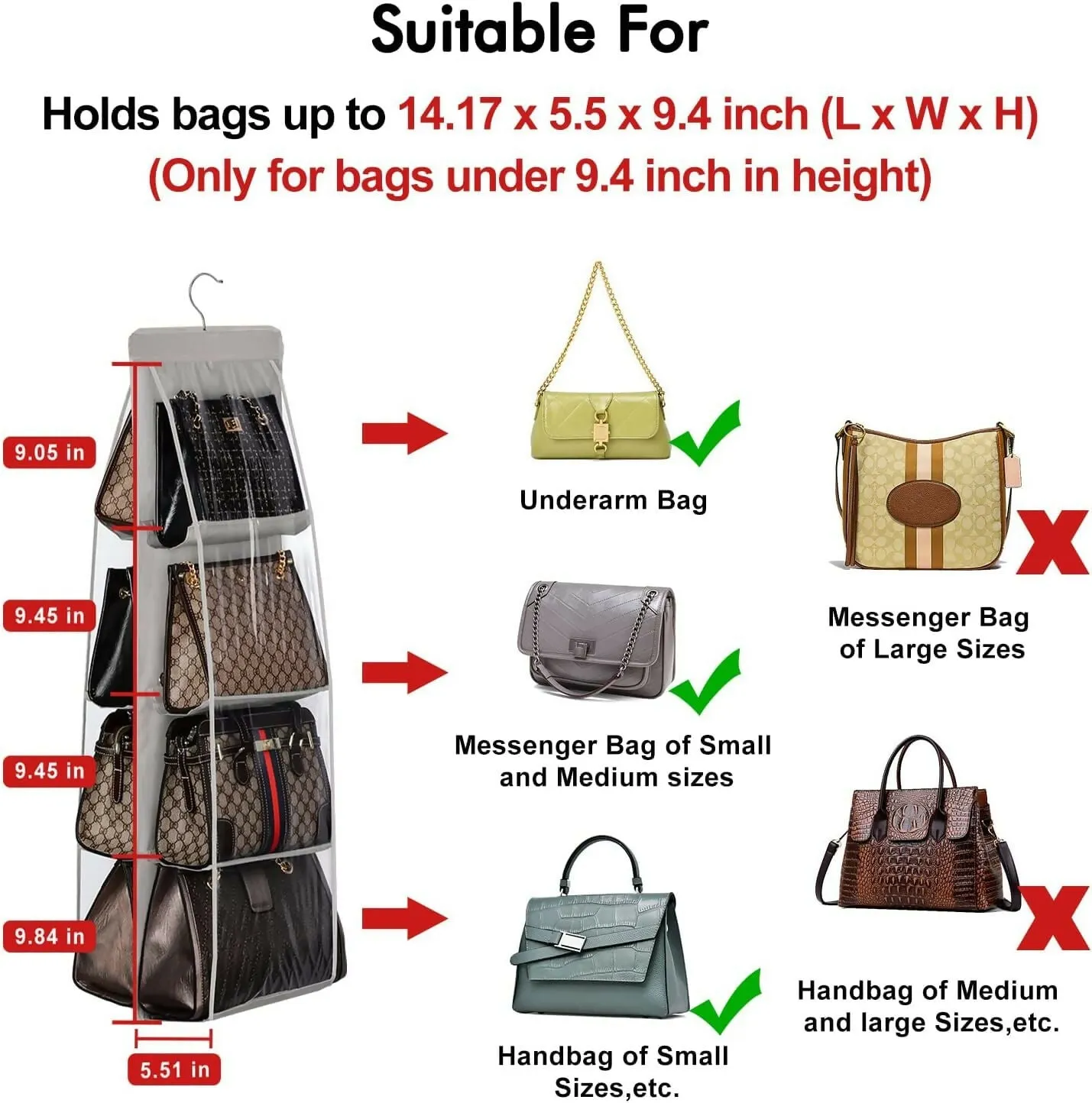 8-Pocket Handbag Organizer with Hanger Closet & Purse Storage for Women (8 POCKET, 110 X 35 X 35 CM)