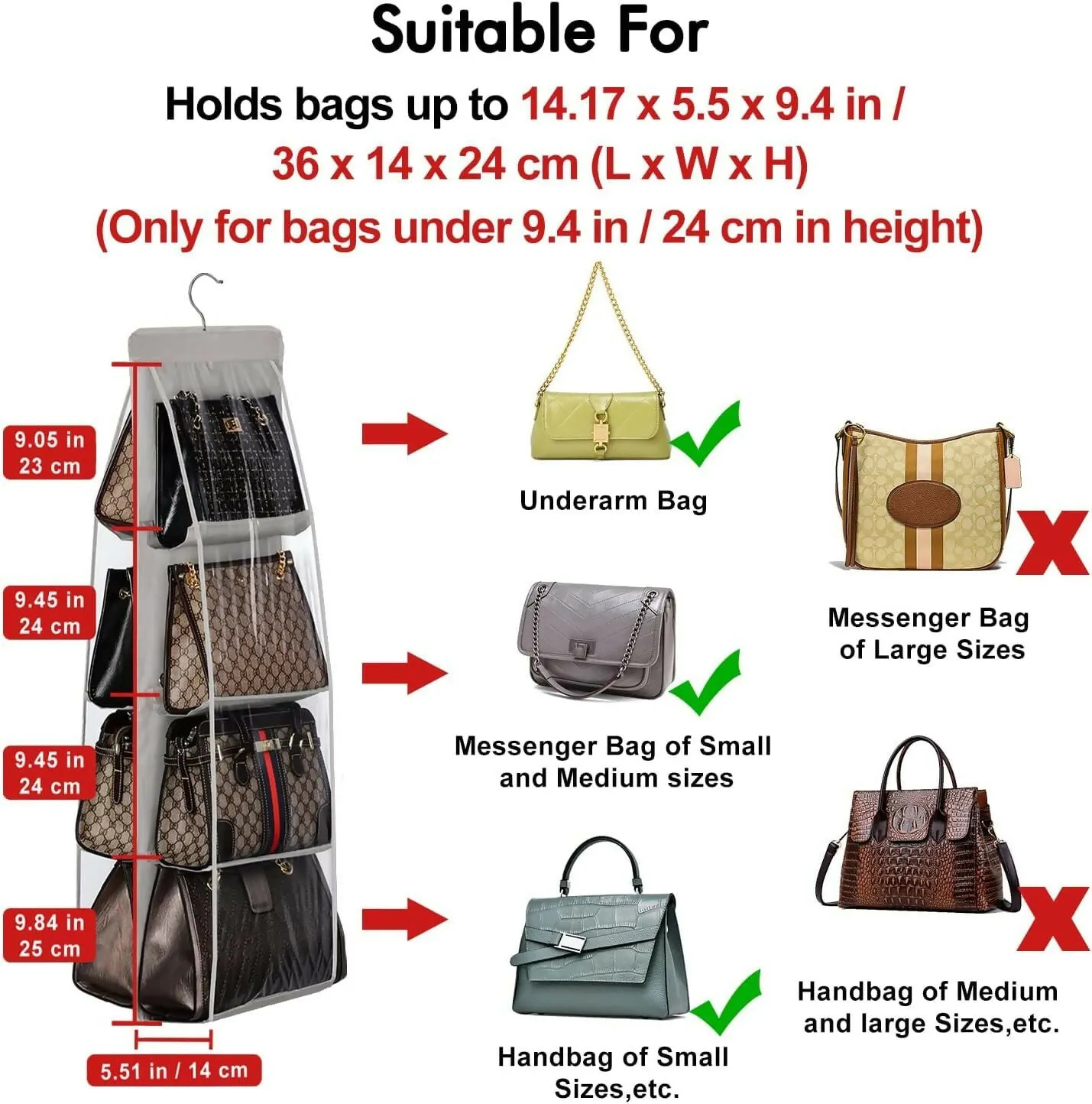 8-Pocket Handbag Organizer with Hanger Closet & Purse Storage for Women (8 POCKET, 110 X 35 X 35 CM)