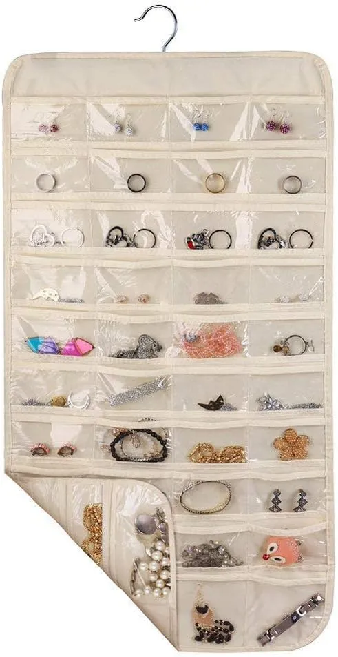 80 Pockets Hanging Jewelry Organizer, 2 Sided Over the Door Wall Mount Rotating Hanger Clear Window Storage Bag for Small Items Earrings, Rings, Necklaces, Bracelets, Hair Clips