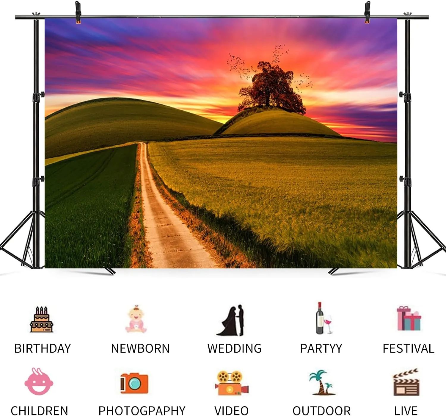 8x6ft Natural Scenery Backdrop Green Prairie Theme Photography Background Grassland Path Tree Sunset Purple Sky Nature Landscape Travel Banner Decorations Wedding Party Photo Booth Prop