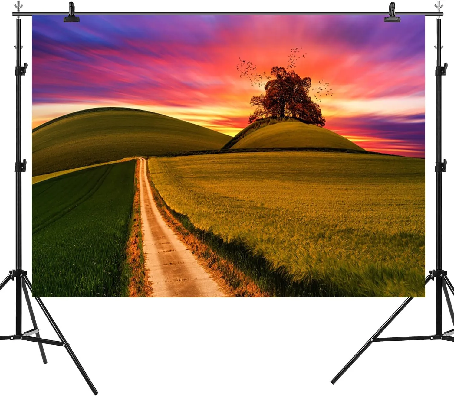 8x6ft Natural Scenery Backdrop Green Prairie Theme Photography Background Grassland Path Tree Sunset Purple Sky Nature Landscape Travel Banner Decorations Wedding Party Photo Booth Prop