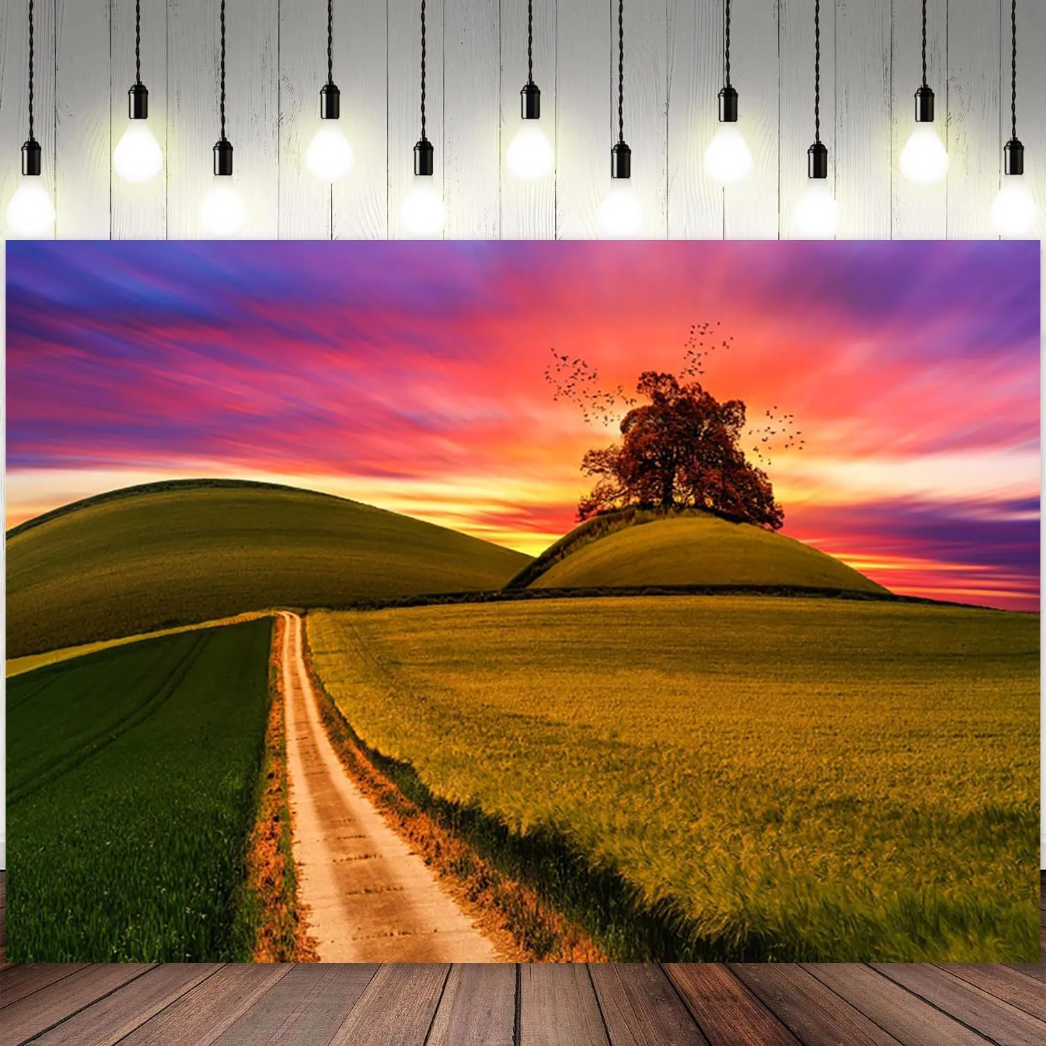 8x6ft Natural Scenery Backdrop Green Prairie Theme Photography Background Grassland Path Tree Sunset Purple Sky Nature Landscape Travel Banner Decorations Wedding Party Photo Booth Prop