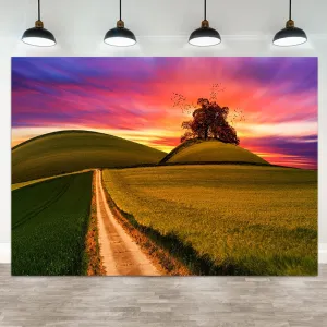 8x6ft Natural Scenery Backdrop Green Prairie Theme Photography Background Grassland Path Tree Sunset Purple Sky Nature Landscape Travel Banner Decorations Wedding Party Photo Booth Prop