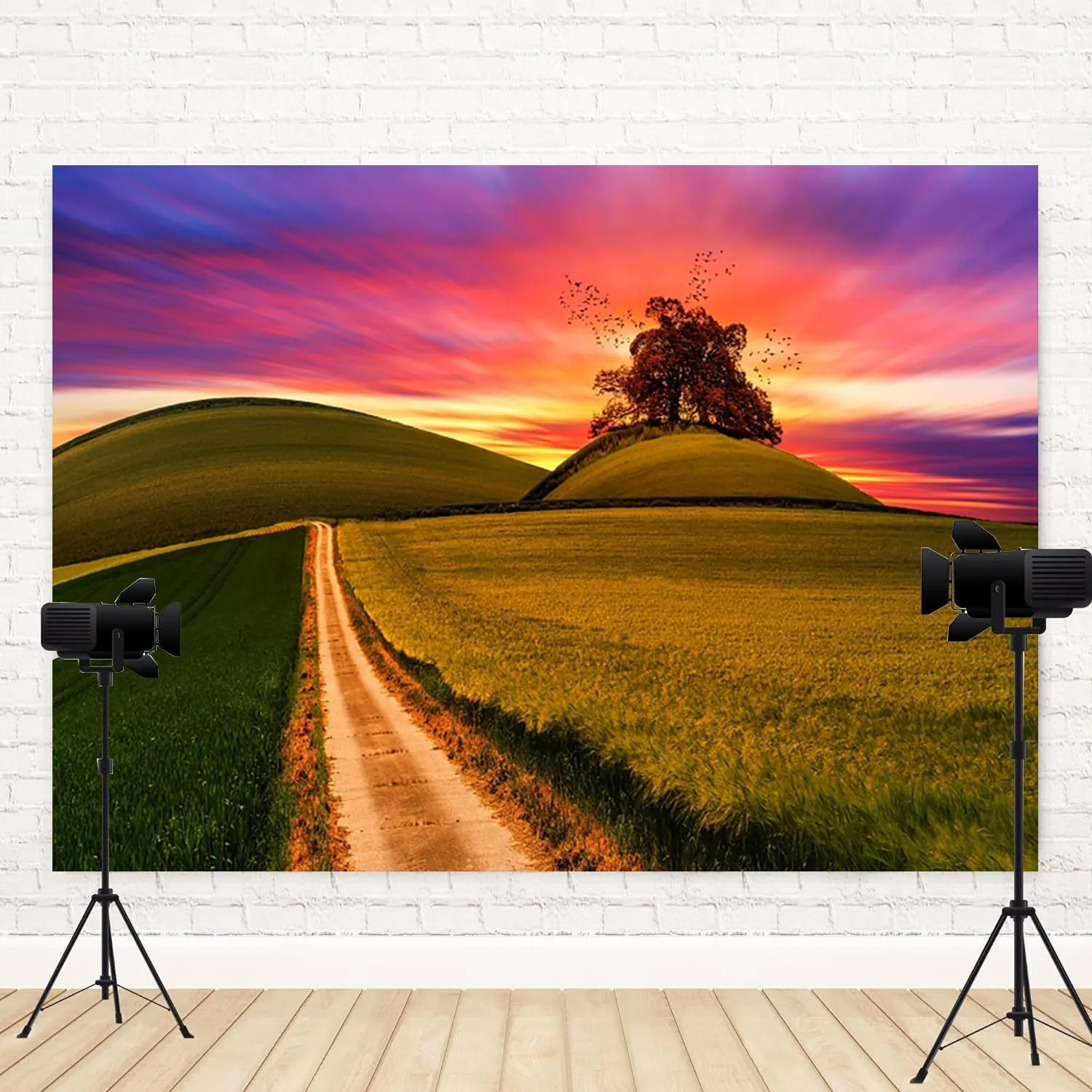 8x6ft Natural Scenery Backdrop Green Prairie Theme Photography Background Grassland Path Tree Sunset Purple Sky Nature Landscape Travel Banner Decorations Wedding Party Photo Booth Prop