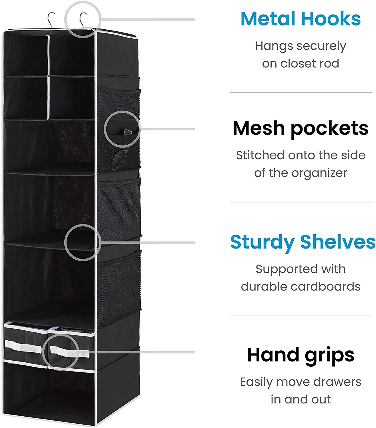 9 Shelf Hanging Closet Organizer with 5 Drawer Organizers (Black, 9 Shelf-1) - DOUBLE R BAGS