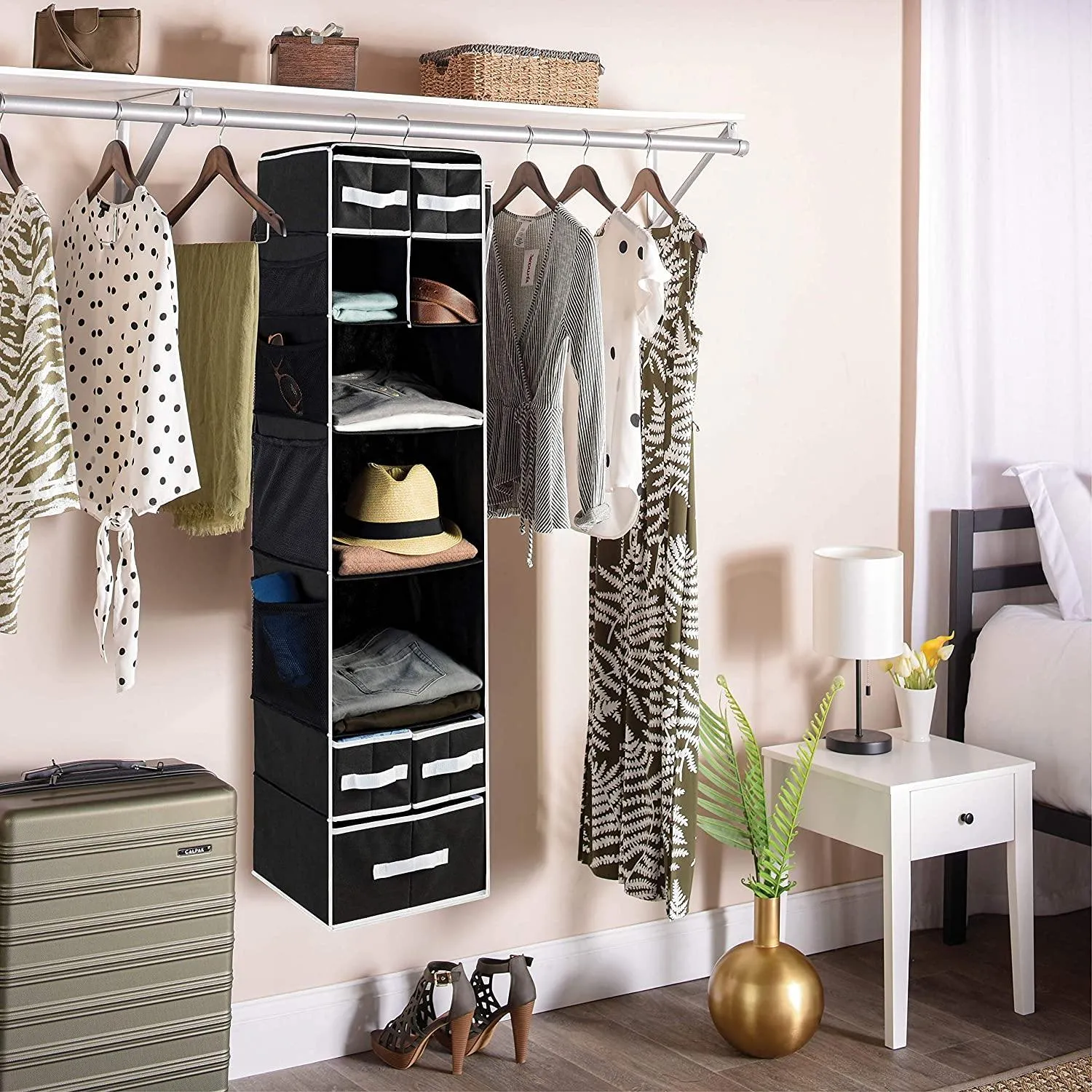 9 Shelf Hanging Closet Organizer with 5 Drawer Organizers (Black, 9 Shelf-1) - DOUBLE R BAGS