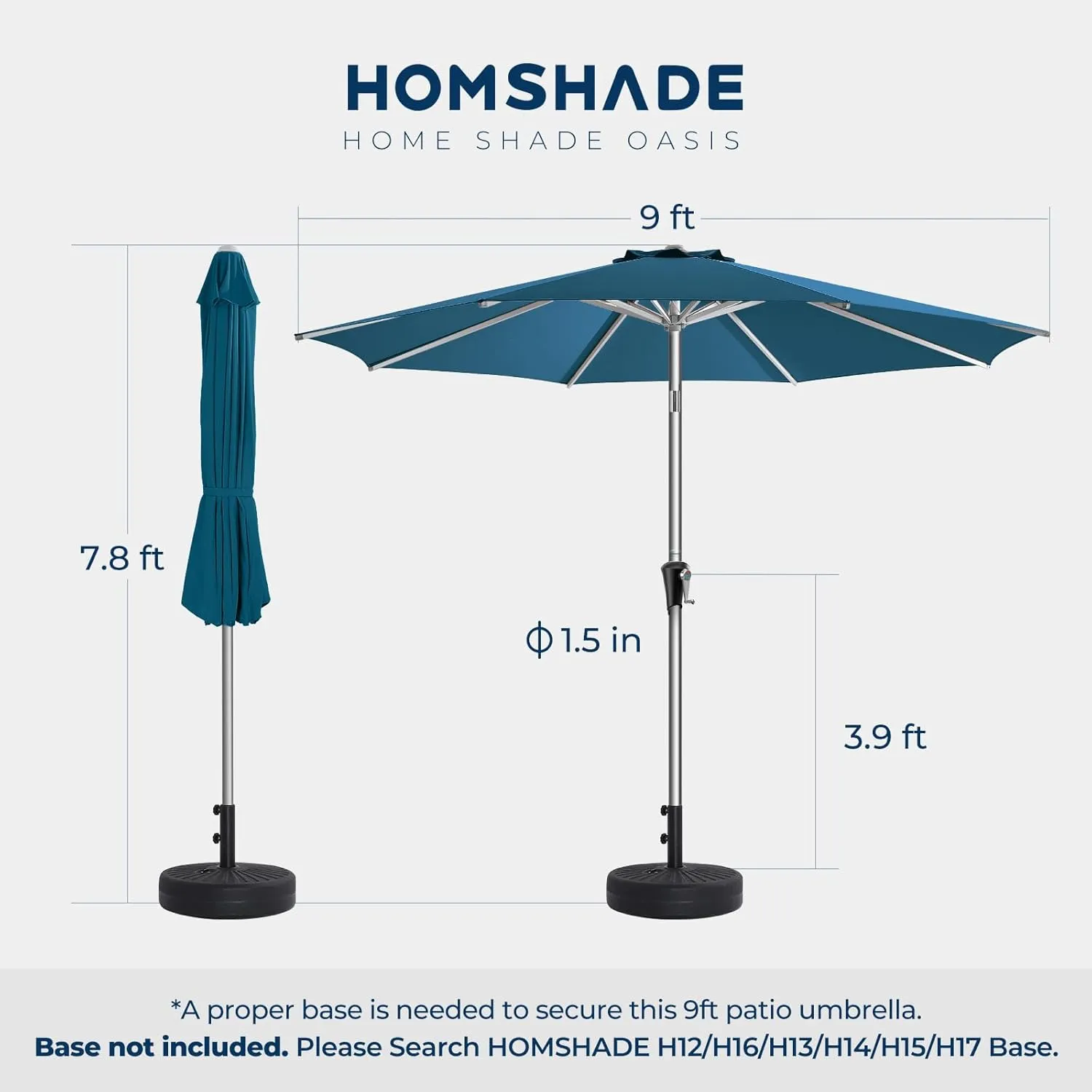 9ft Outdoor Patio Umbrella - Market Table Aluminum Umbrella, 5-Year Fade Resistant - UPF50  UV Protection with Push Button Tilt, Crank for Pool Deck and Garden (Peacock Blue)