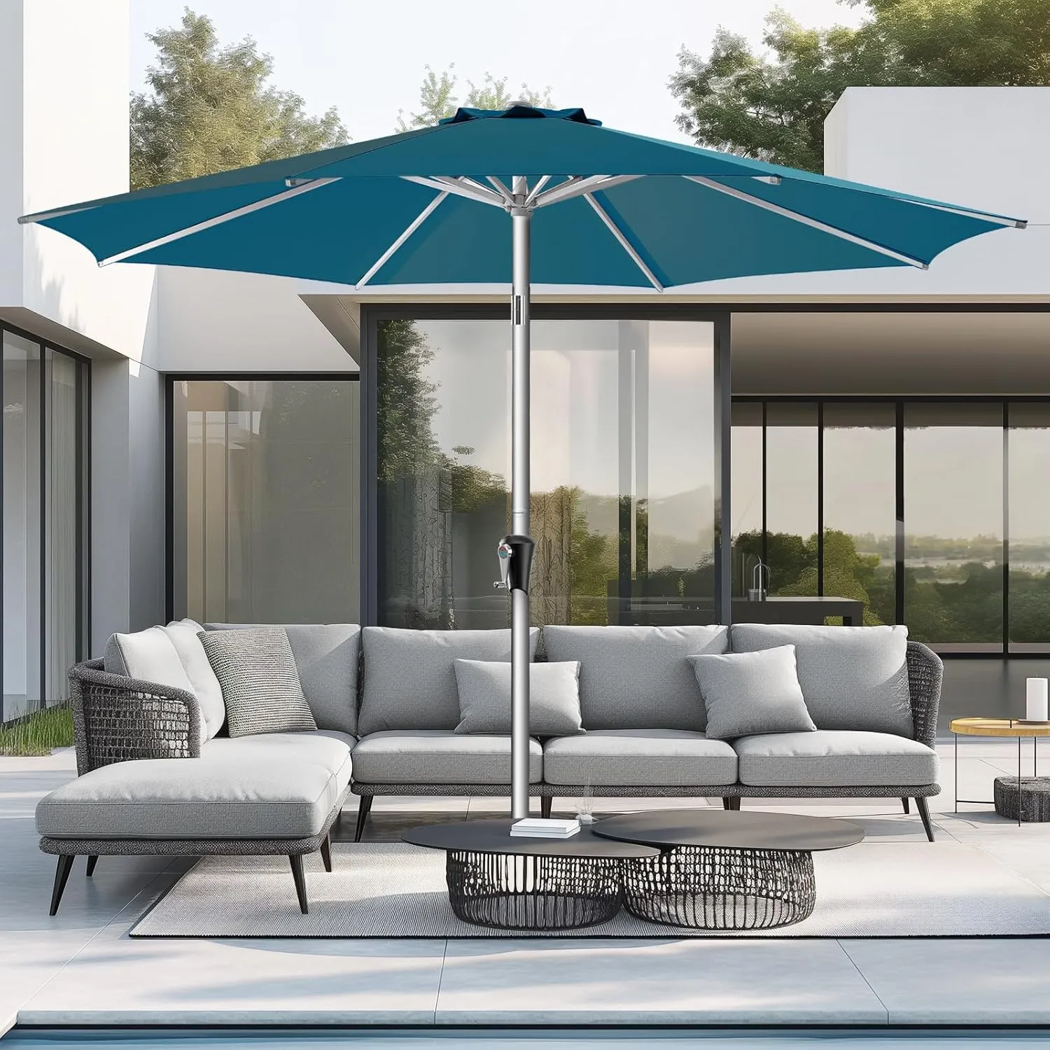 9ft Outdoor Patio Umbrella - Market Table Aluminum Umbrella, 5-Year Fade Resistant - UPF50  UV Protection with Push Button Tilt, Crank for Pool Deck and Garden (Peacock Blue)