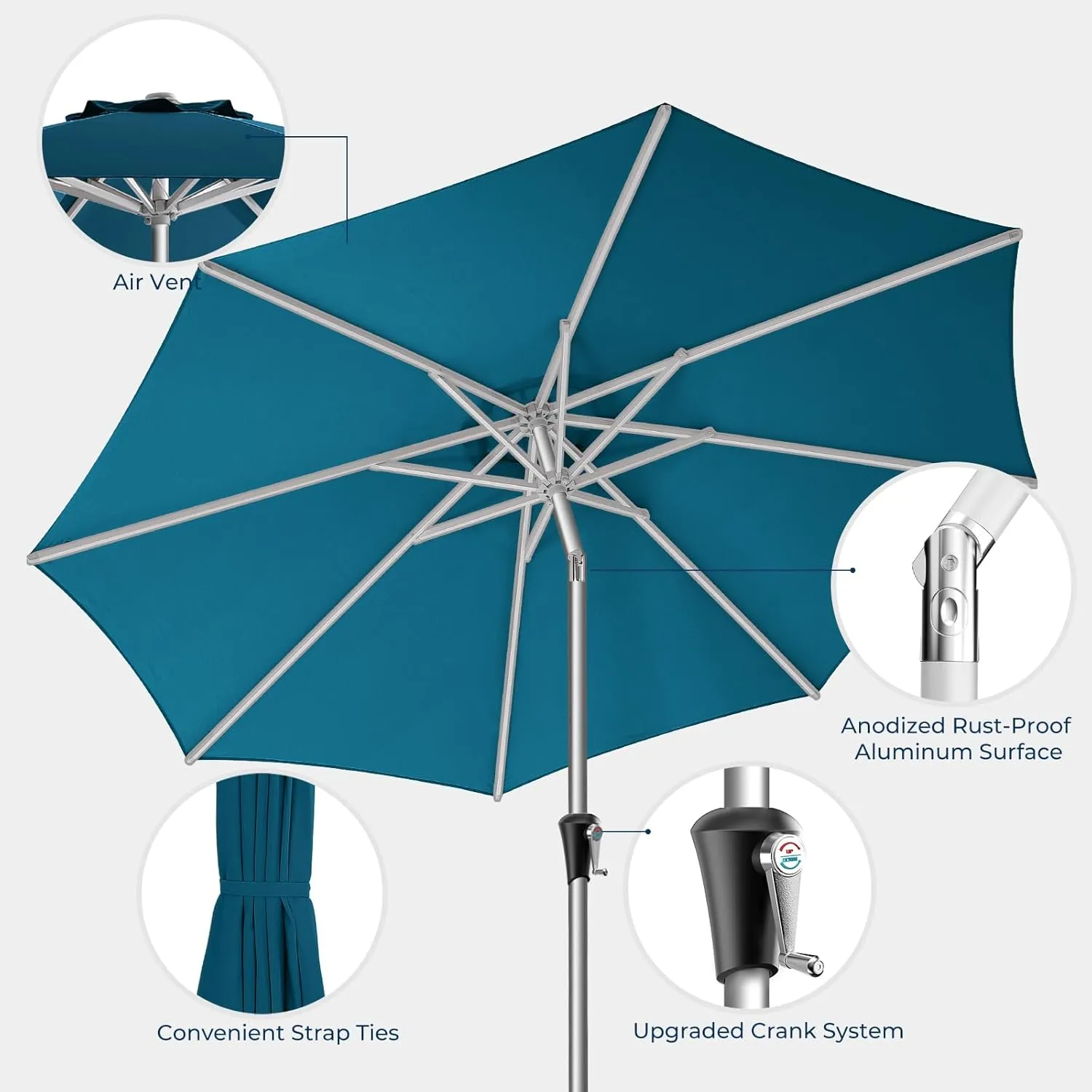 9ft Outdoor Patio Umbrella - Market Table Aluminum Umbrella, 5-Year Fade Resistant - UPF50  UV Protection with Push Button Tilt, Crank for Pool Deck and Garden (Peacock Blue)