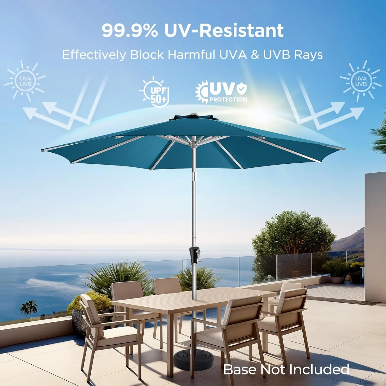 9ft Outdoor Patio Umbrella - Market Table Aluminum Umbrella, 5-Year Fade Resistant - UPF50  UV Protection with Push Button Tilt, Crank for Pool Deck and Garden (Peacock Blue)