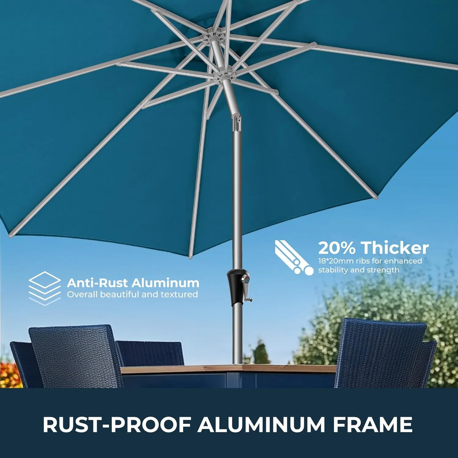 9ft Outdoor Patio Umbrella - Market Table Aluminum Umbrella, 5-Year Fade Resistant - UPF50  UV Protection with Push Button Tilt, Crank for Pool Deck and Garden (Peacock Blue)