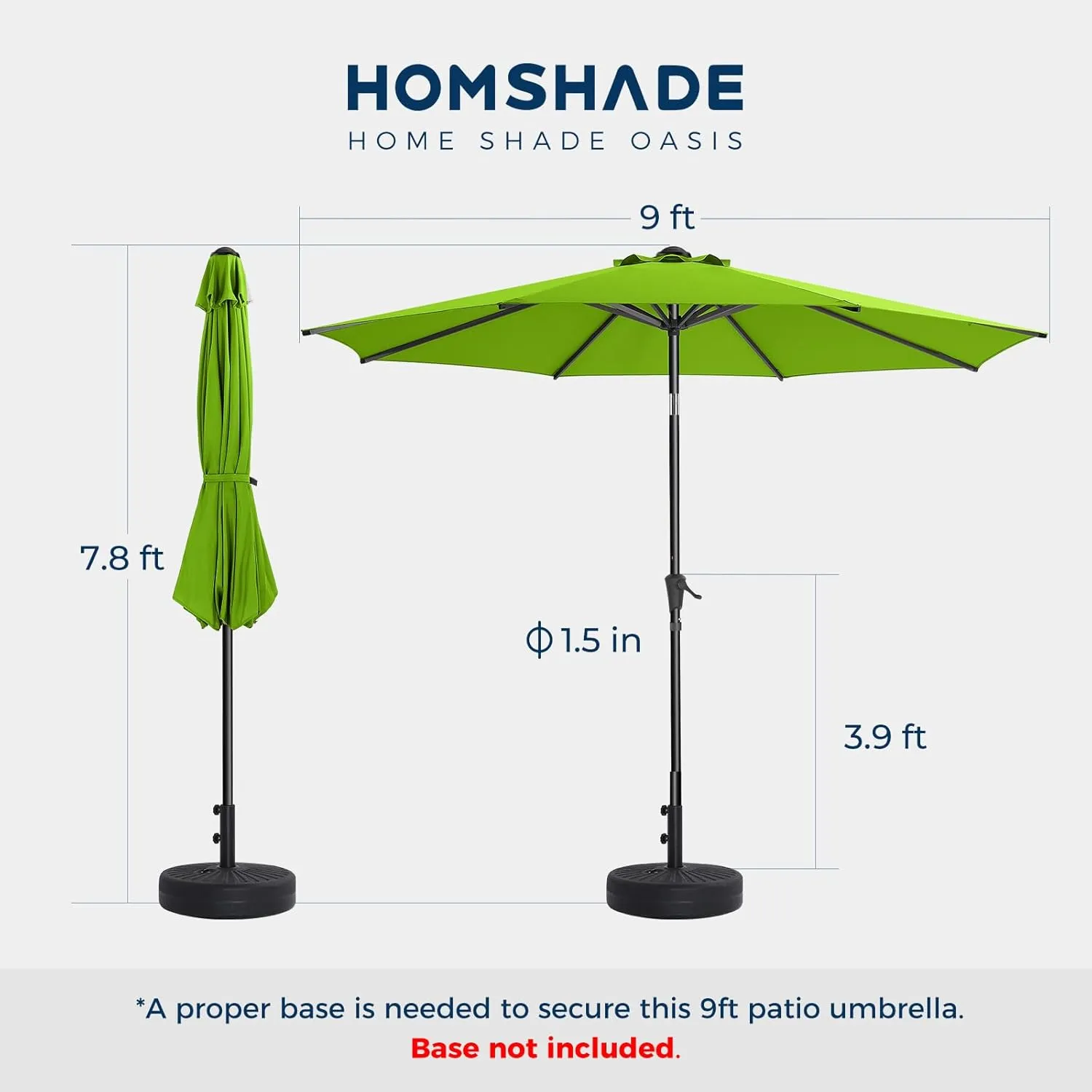 9ft Outdoor Patio Umbrella - Market Table Pool Deck Umbrella UPF50  UV Protection with Push Button Tilt, Crank and 8 Sturdy Ribs (Apple Green, No base)