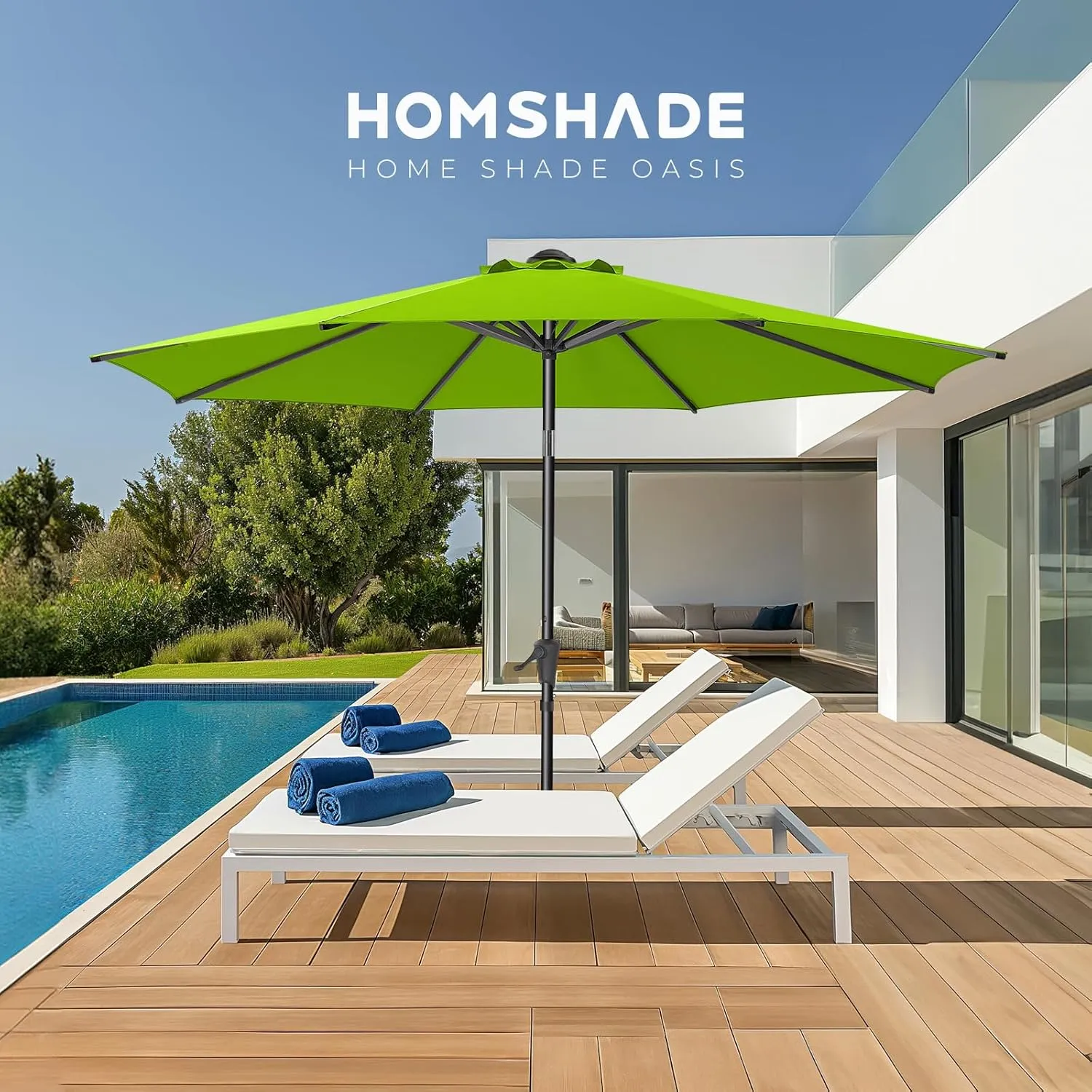 9ft Outdoor Patio Umbrella - Market Table Pool Deck Umbrella UPF50  UV Protection with Push Button Tilt, Crank and 8 Sturdy Ribs (Apple Green, No base)