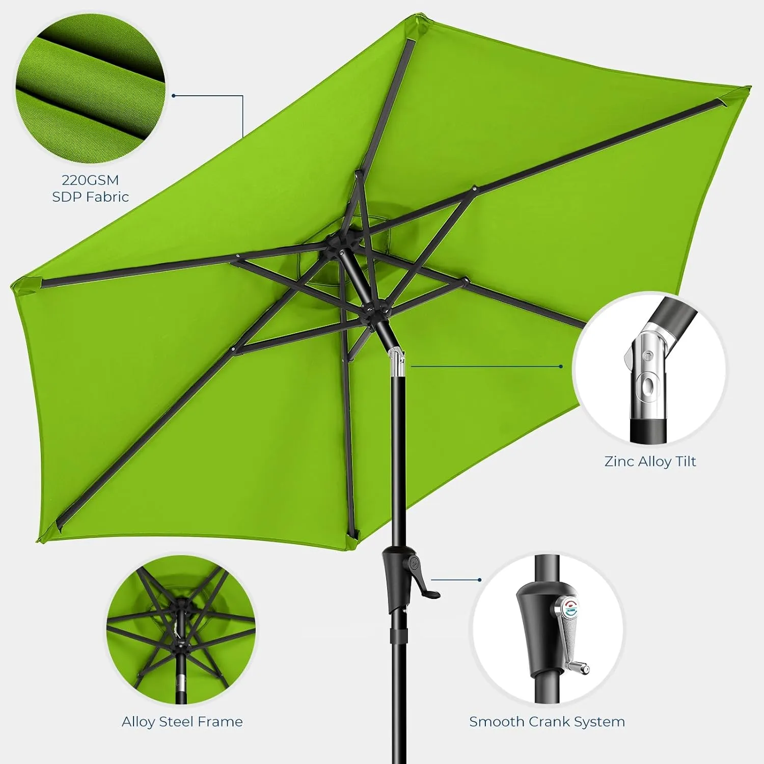9ft Outdoor Patio Umbrella - Market Table Pool Deck Umbrella UPF50  UV Protection with Push Button Tilt, Crank and 8 Sturdy Ribs (Apple Green, No base)