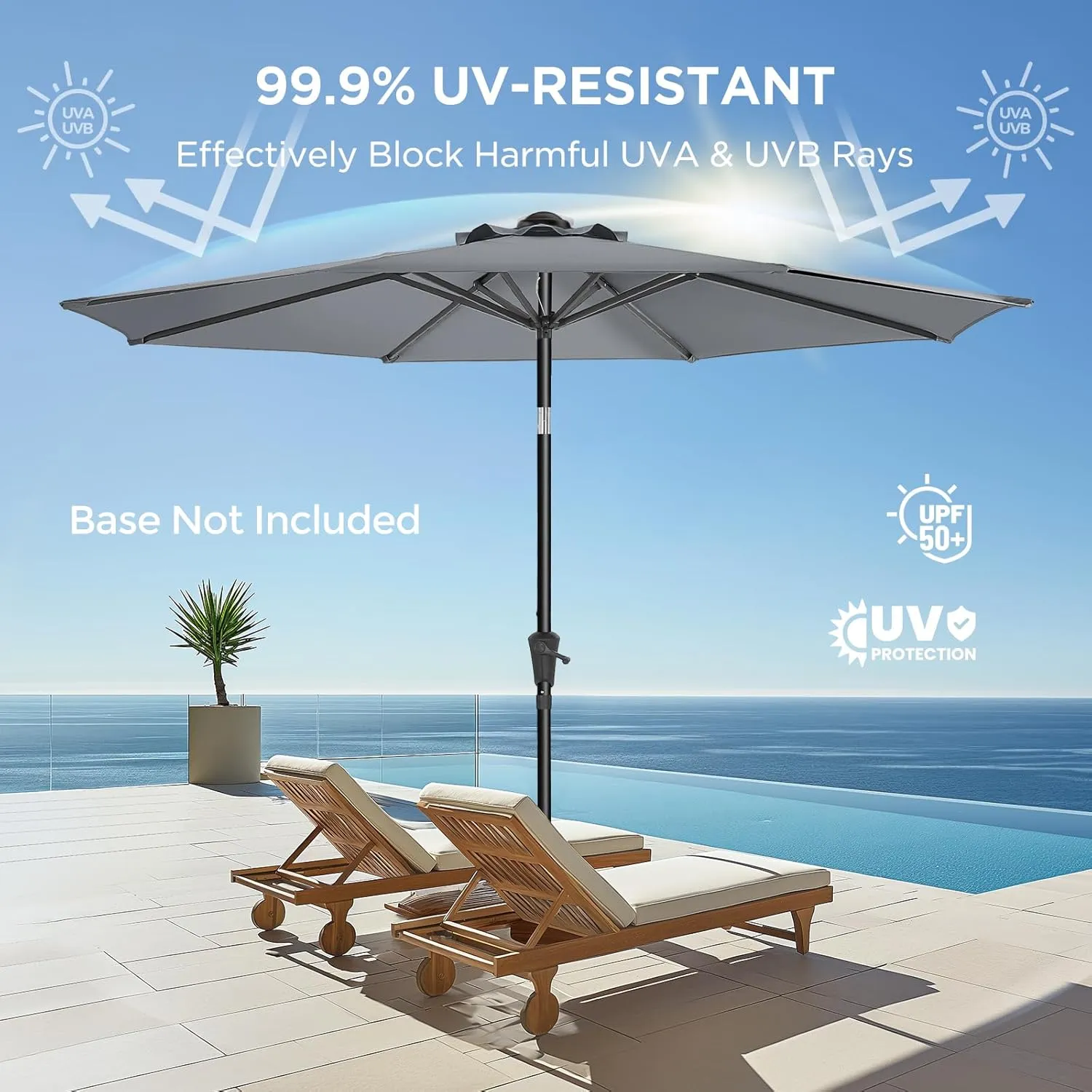 9ft Outdoor Patio Umbrella - UPF50  UV Protection Market Patio Table Umbrella with Push Button Tilt, Crank and 8 Sturdy Ribs for Pool Deck and Garden (Grey, No base)