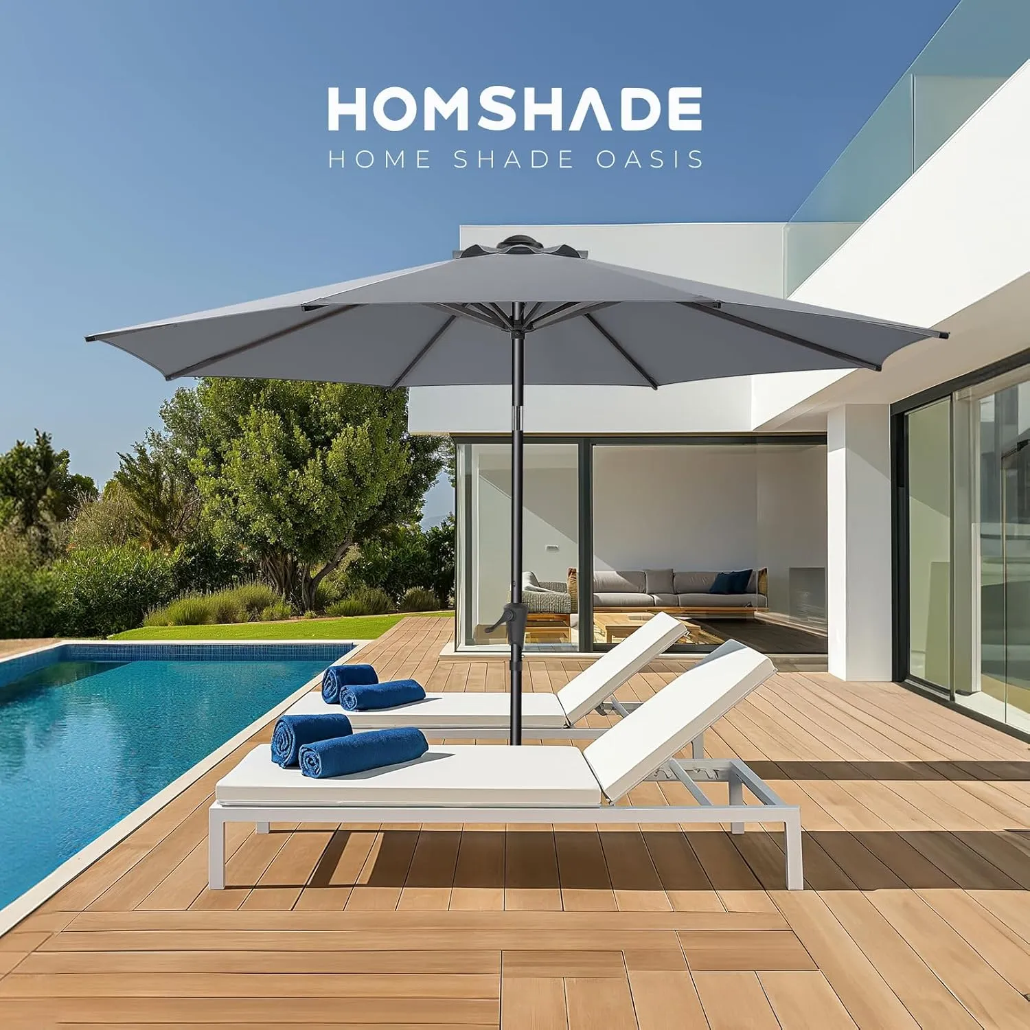 9ft Outdoor Patio Umbrella - UPF50  UV Protection Market Patio Table Umbrella with Push Button Tilt, Crank and 8 Sturdy Ribs for Pool Deck and Garden (Grey, No base)