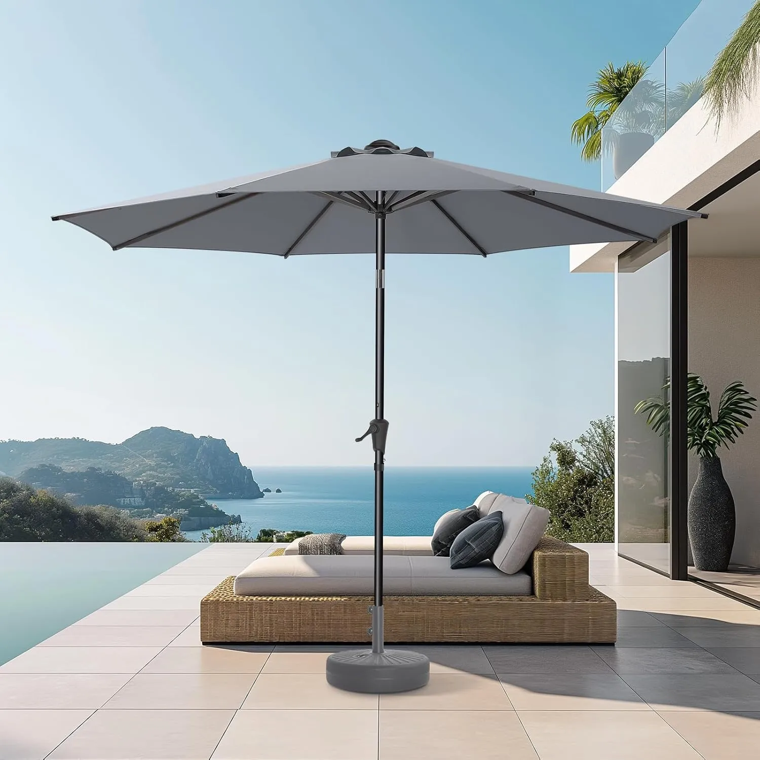 9ft Outdoor Patio Umbrella - UPF50  UV Protection Market Patio Table Umbrella with Push Button Tilt, Crank and 8 Sturdy Ribs for Pool Deck and Garden (Grey, No base)