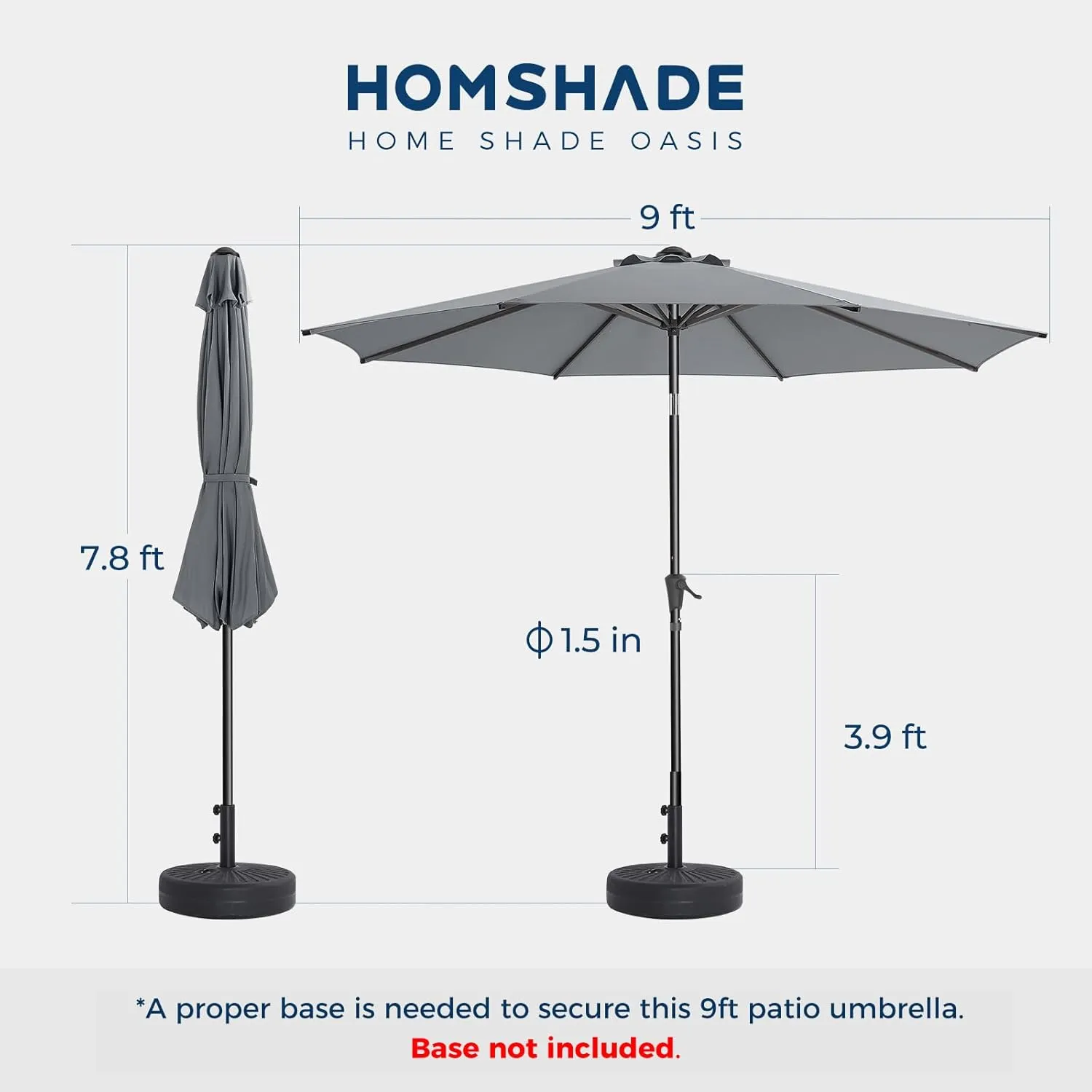 9ft Outdoor Patio Umbrella - UPF50  UV Protection Market Patio Table Umbrella with Push Button Tilt, Crank and 8 Sturdy Ribs for Pool Deck and Garden (Grey, No base)