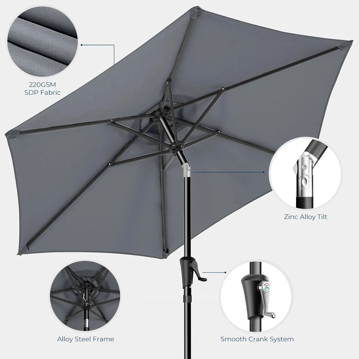 9ft Outdoor Patio Umbrella - UPF50  UV Protection Market Patio Table Umbrella with Push Button Tilt, Crank and 8 Sturdy Ribs for Pool Deck and Garden (Grey, No base)