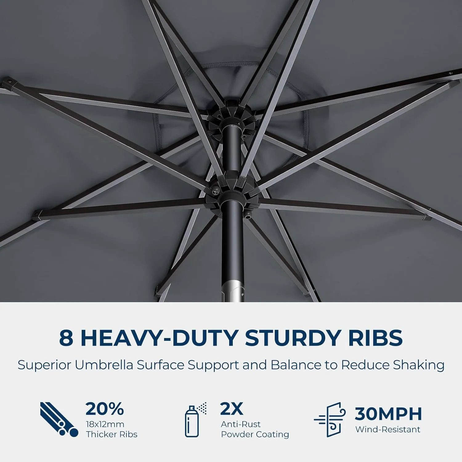 9ft Outdoor Patio Umbrella - UPF50  UV Protection Market Patio Table Umbrella with Push Button Tilt, Crank and 8 Sturdy Ribs for Pool Deck and Garden (Grey, No base)