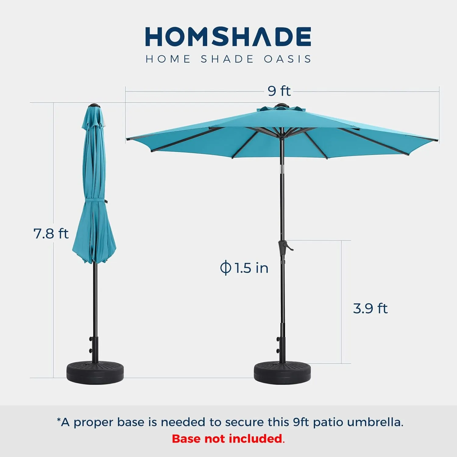 9ft Outdoor Patio Umbrella - UPF50  UV Protection Market Patio Table Umbrella with Push Button Tilt, Crank and 8 Sturdy Ribs for Pool Deck and Garden (Light Blue, No base)