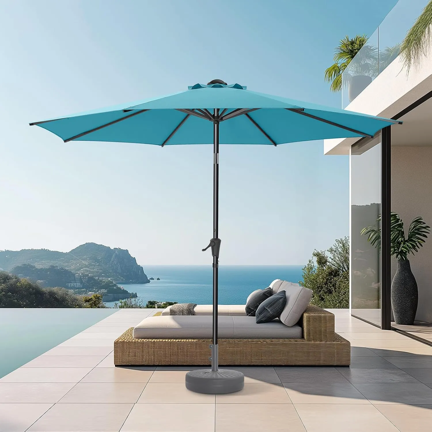 9ft Outdoor Patio Umbrella - UPF50  UV Protection Market Patio Table Umbrella with Push Button Tilt, Crank and 8 Sturdy Ribs for Pool Deck and Garden (Light Blue, No base)