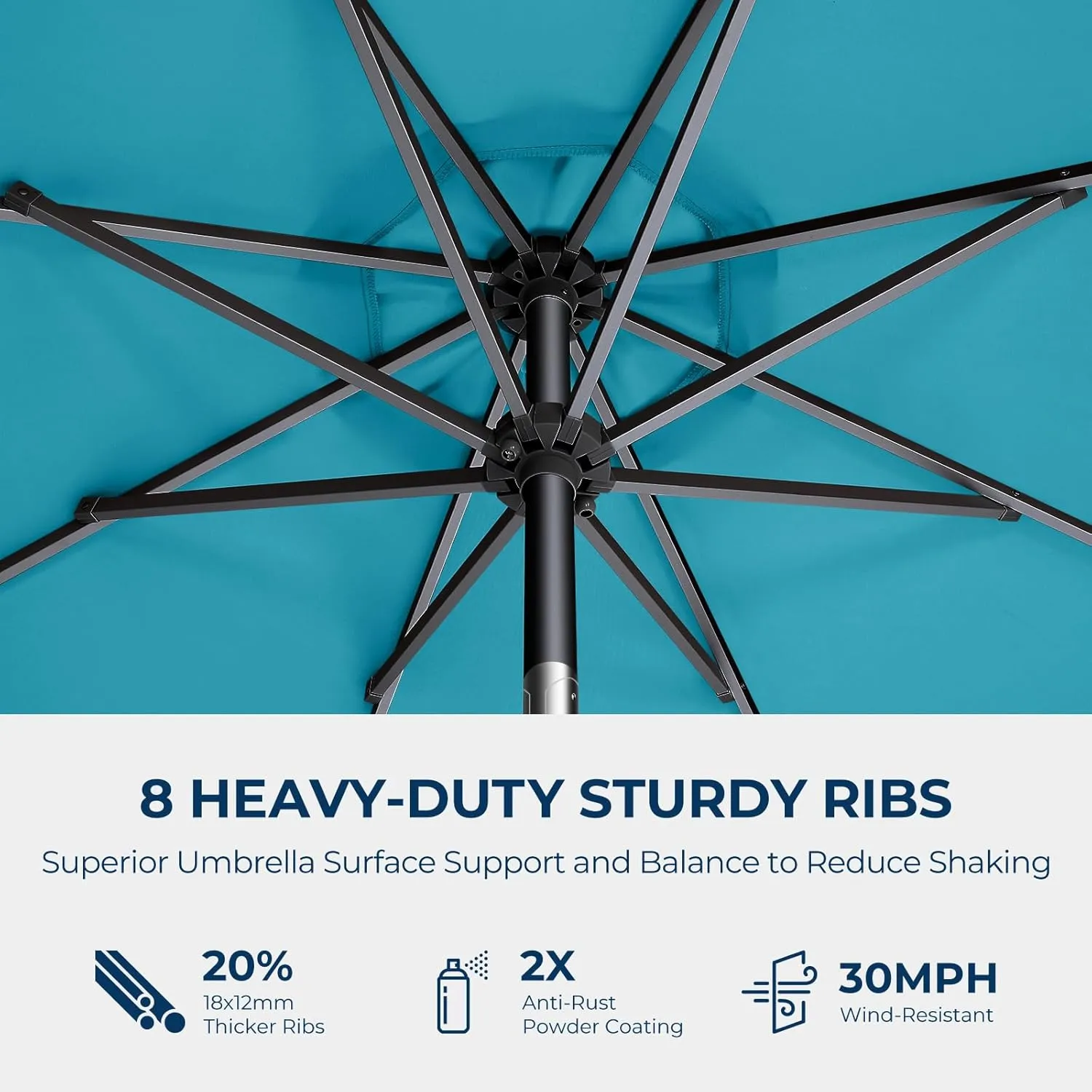 9ft Outdoor Patio Umbrella - UPF50  UV Protection Market Patio Table Umbrella with Push Button Tilt, Crank and 8 Sturdy Ribs for Pool Deck and Garden (Light Blue, No base)