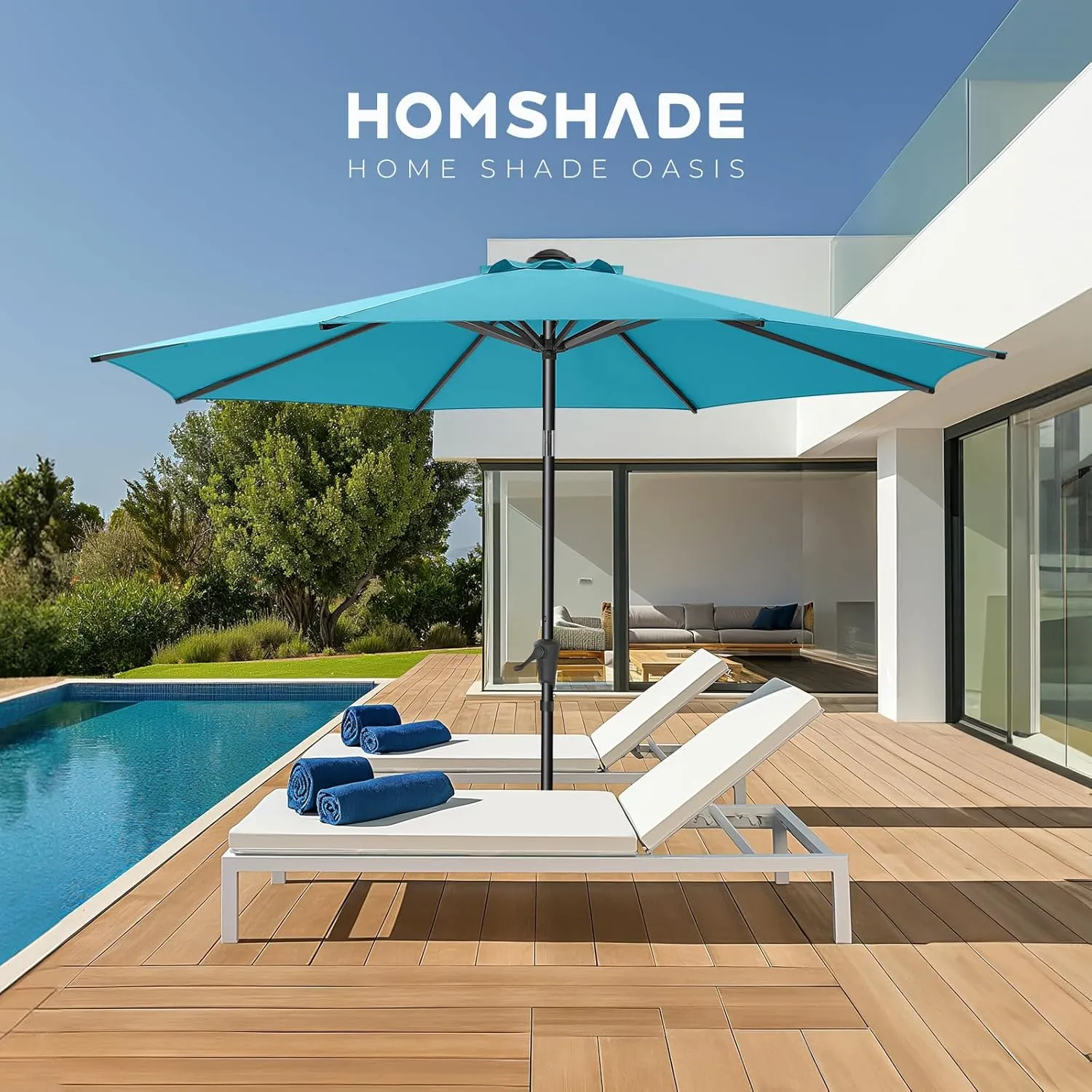 9ft Outdoor Patio Umbrella - UPF50  UV Protection Market Patio Table Umbrella with Push Button Tilt, Crank and 8 Sturdy Ribs for Pool Deck and Garden (Light Blue, No base)