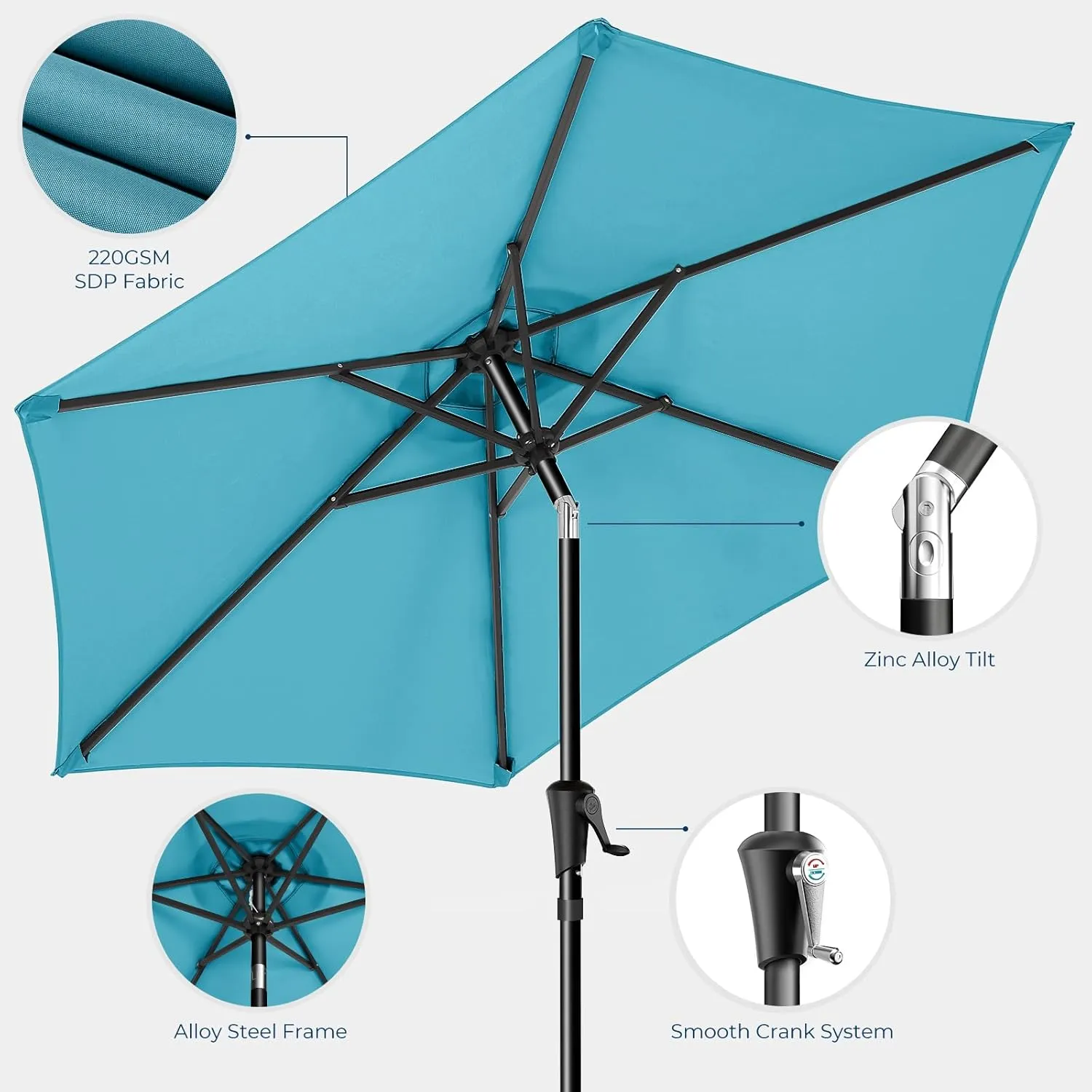 9ft Outdoor Patio Umbrella - UPF50  UV Protection Market Patio Table Umbrella with Push Button Tilt, Crank and 8 Sturdy Ribs for Pool Deck and Garden (Light Blue, No base)
