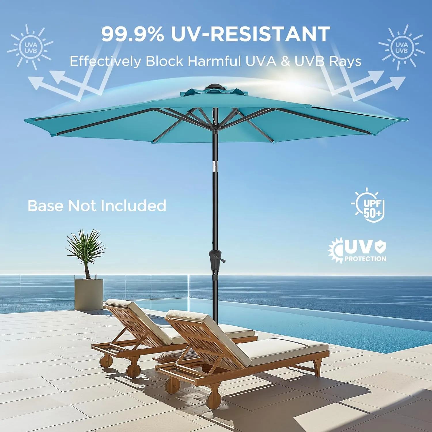 9ft Outdoor Patio Umbrella - UPF50  UV Protection Market Patio Table Umbrella with Push Button Tilt, Crank and 8 Sturdy Ribs for Pool Deck and Garden (Light Blue, No base)