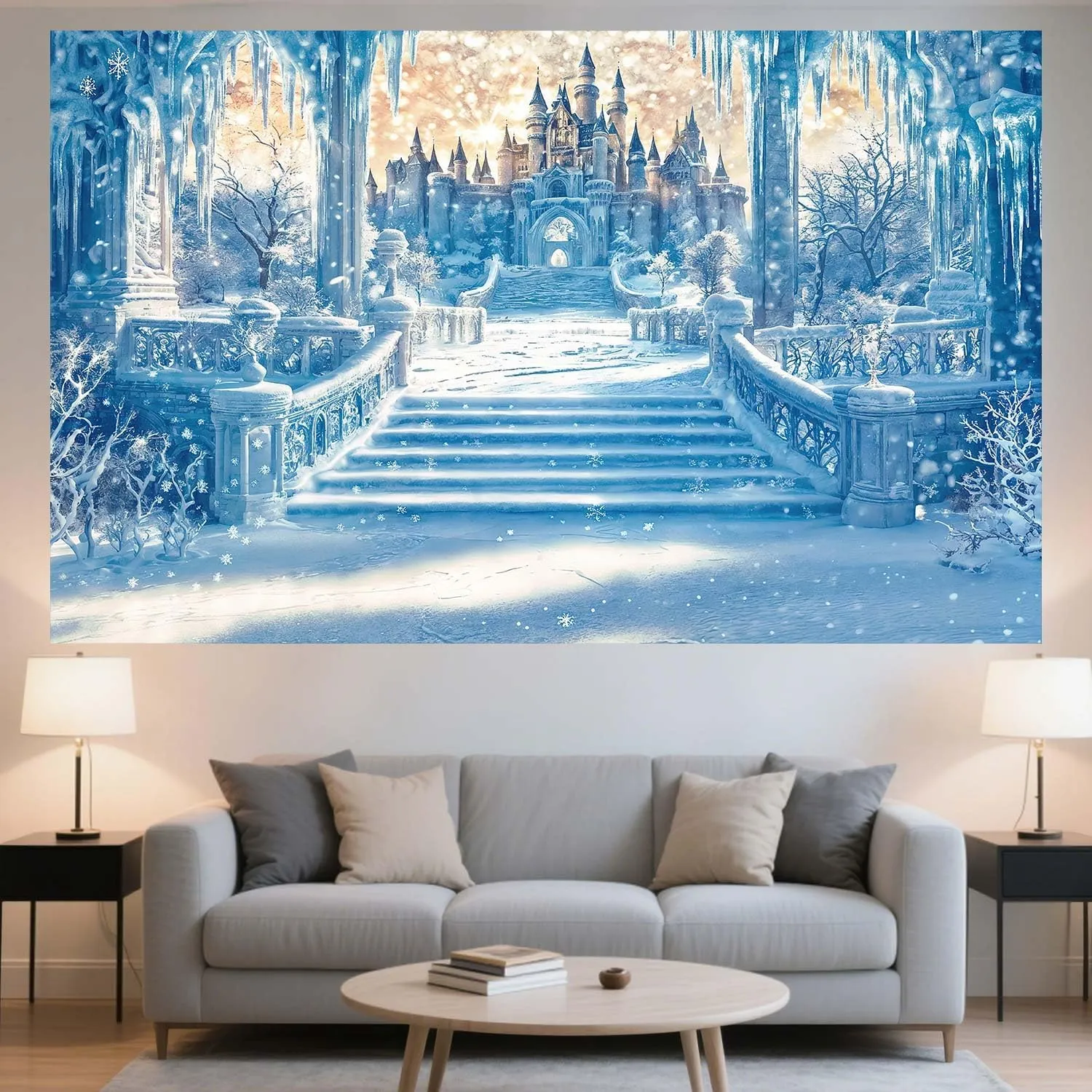 9x6FT Castle Backdrop Winter Wonderland Snow Ice Frozen World Photography Background Blue Snowflake Happy Birthday Party Decorations Banner Photo Shoot Props