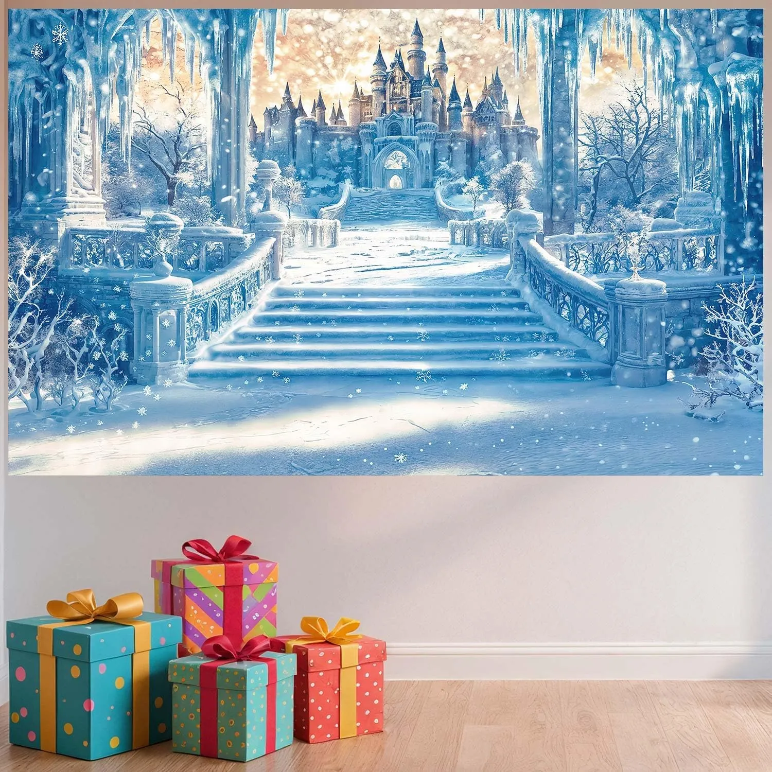9x6FT Castle Backdrop Winter Wonderland Snow Ice Frozen World Photography Background Blue Snowflake Happy Birthday Party Decorations Banner Photo Shoot Props