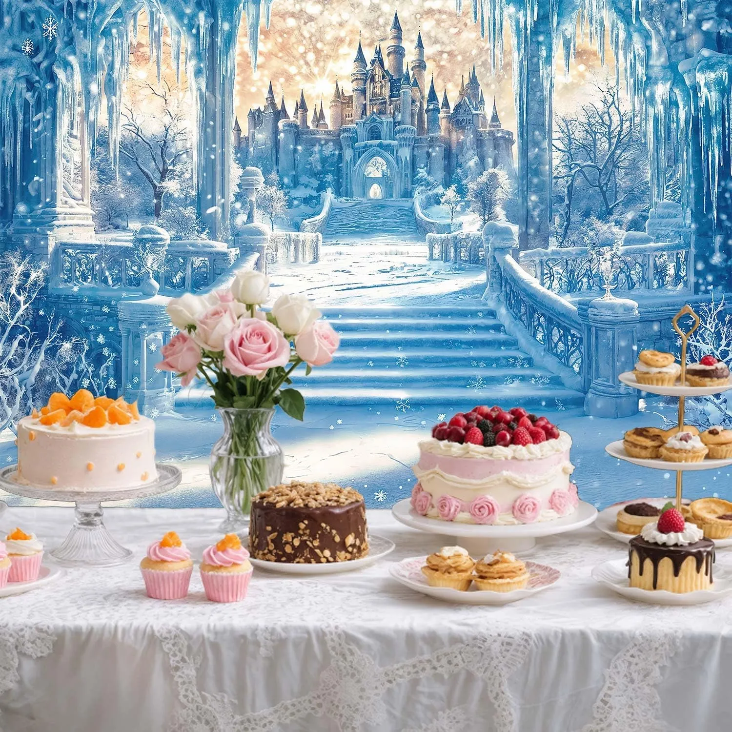 9x6FT Castle Backdrop Winter Wonderland Snow Ice Frozen World Photography Background Blue Snowflake Happy Birthday Party Decorations Banner Photo Shoot Props