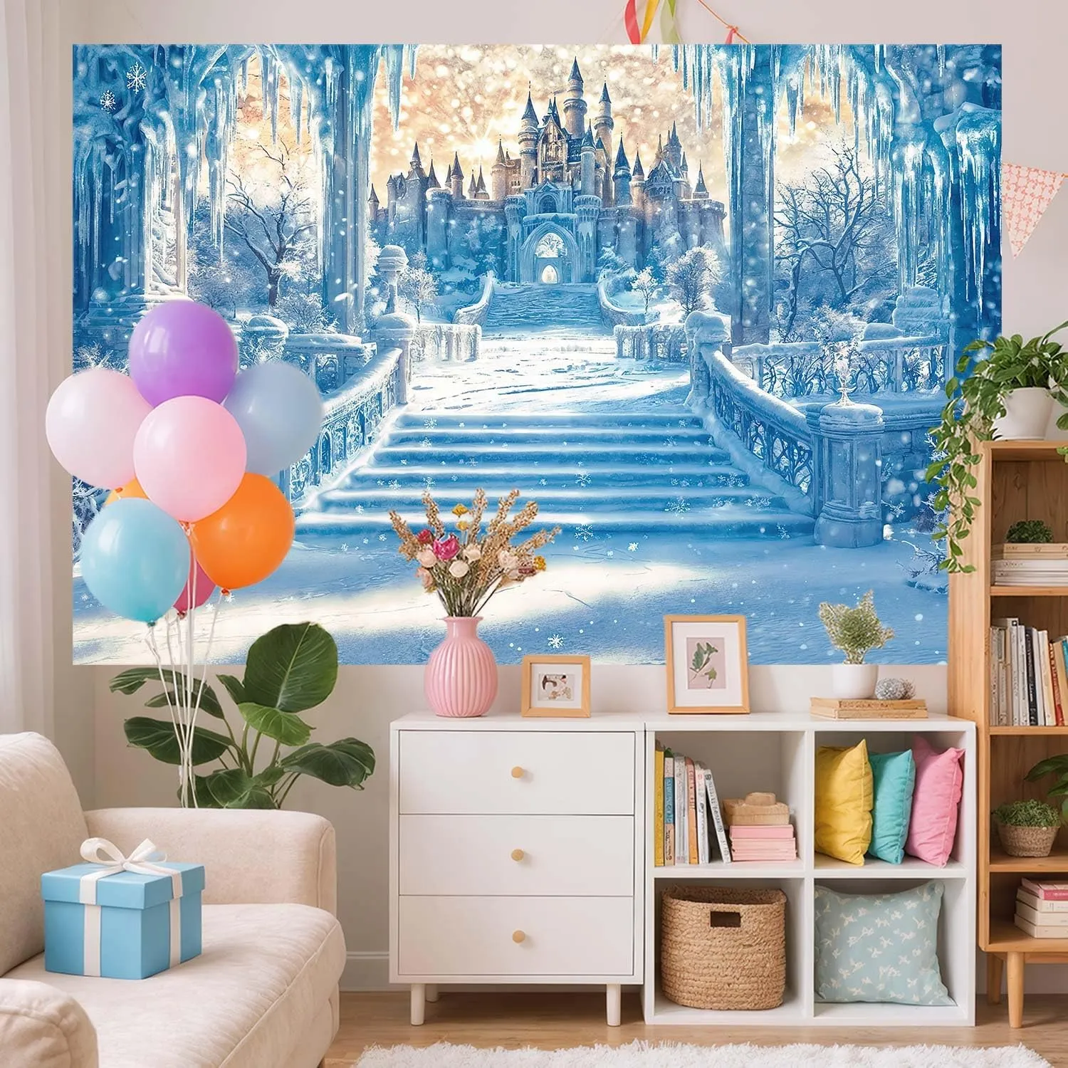 9x6FT Castle Backdrop Winter Wonderland Snow Ice Frozen World Photography Background Blue Snowflake Happy Birthday Party Decorations Banner Photo Shoot Props