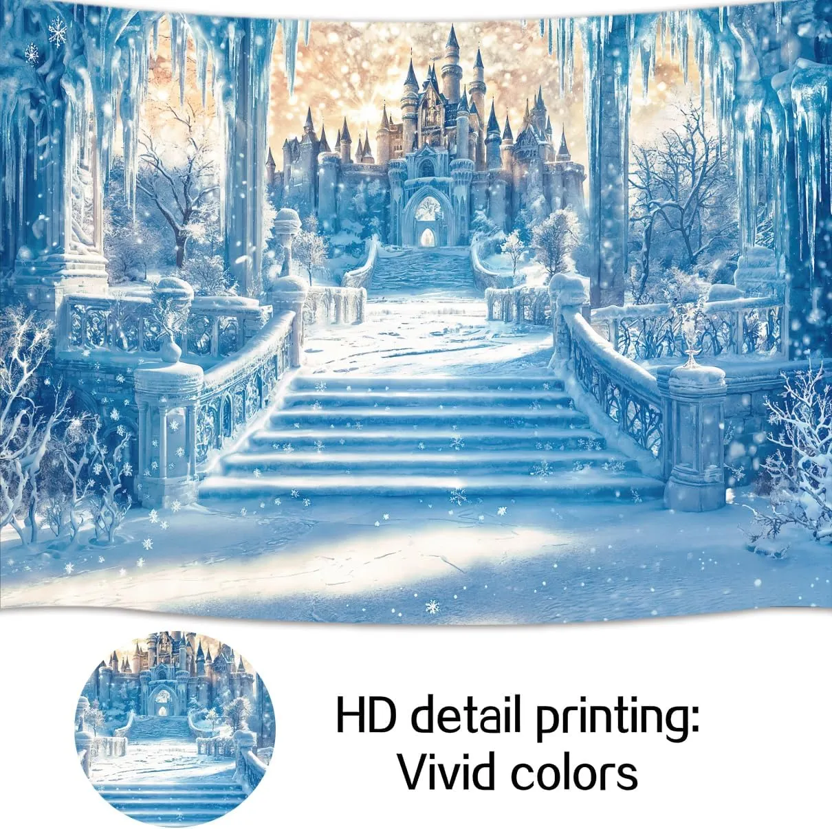 9x6FT Castle Backdrop Winter Wonderland Snow Ice Frozen World Photography Background Blue Snowflake Happy Birthday Party Decorations Banner Photo Shoot Props