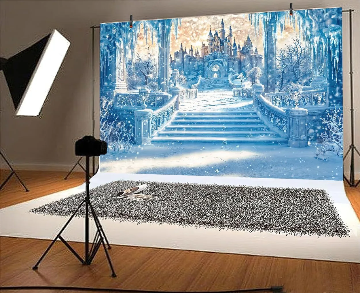 9x6FT Castle Backdrop Winter Wonderland Snow Ice Frozen World Photography Background Blue Snowflake Happy Birthday Party Decorations Banner Photo Shoot Props