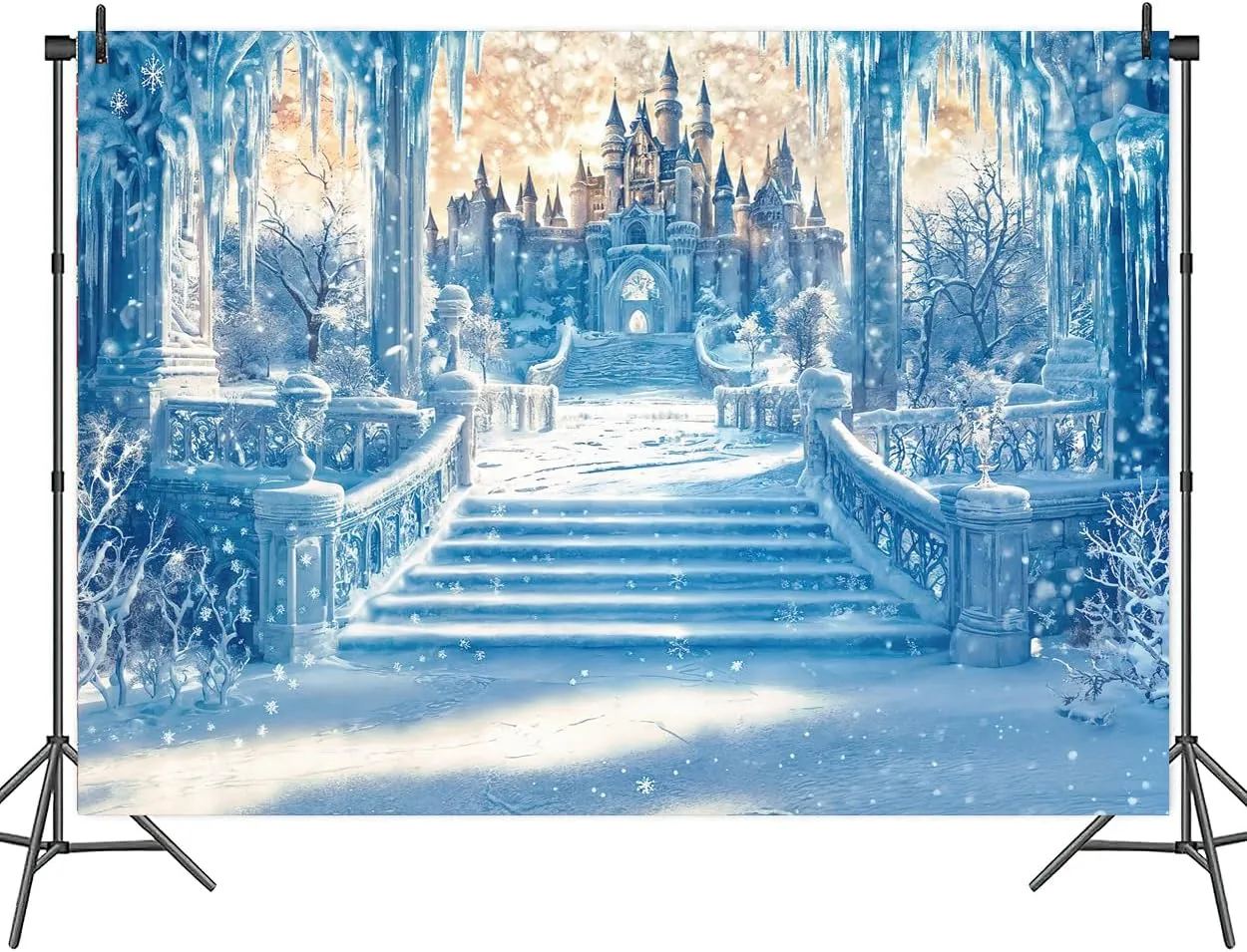 9x6FT Castle Backdrop Winter Wonderland Snow Ice Frozen World Photography Background Blue Snowflake Happy Birthday Party Decorations Banner Photo Shoot Props