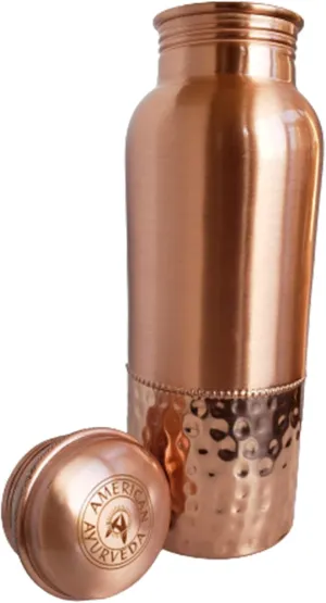 A American Ayurveda 100% Pure Copper Water Bottle 600ml 20 Oz Joint Free, Leak Proof, Tumbler, Flask, Yoga, Health Benefits, Natural Ayurvedic Alkaline Water (Copper Bottle Half Hammered 600ml)