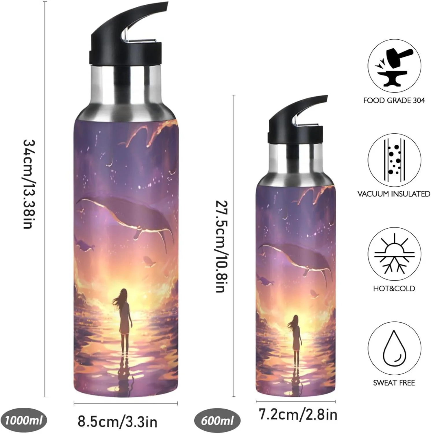 Abstract Art Beautiful Girl Sport Water Bottle Insulated Stainless Steel Large Vacuum Flask Leak Proof Thermos with Straw for Travel(600ml/1000ml)