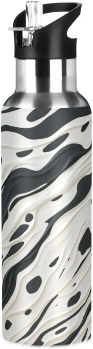 Abstract Cow Pattern Sport Water Bottle Insulated Stainless Steel Large Vacuum Flask Leak Proof Thermos with Straw for Travel(600ml/1000ml)