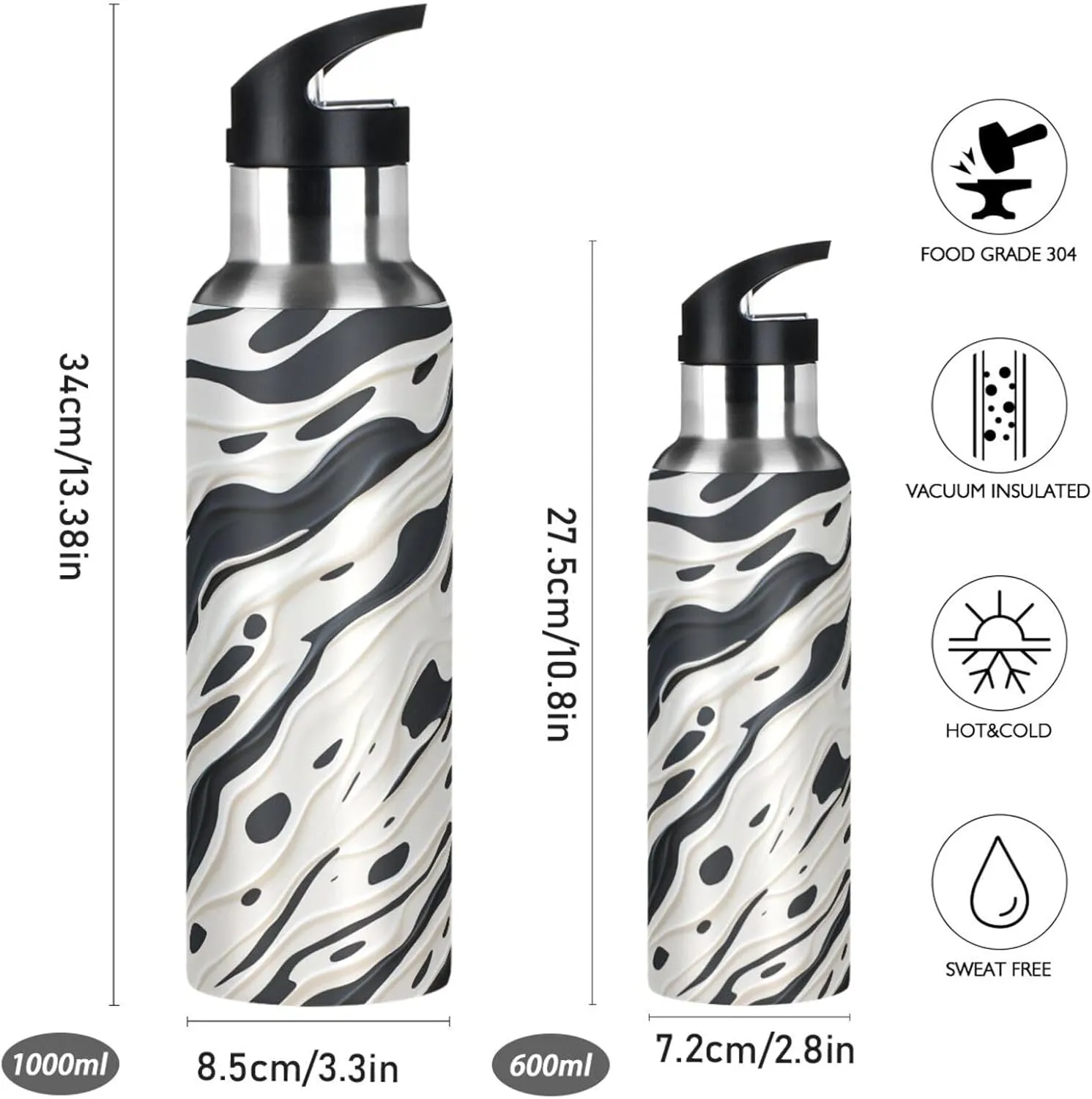 Abstract Cow Pattern Sport Water Bottle Insulated Stainless Steel Large Vacuum Flask Leak Proof Thermos with Straw for Travel(600ml/1000ml)