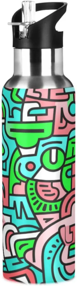 Abstract Doodle Animal Art Sport Water Bottle Insulated Stainless Steel Large Vacuum Flask Leak Proof Thermos with Straw for Travel(600ml/1000ml)